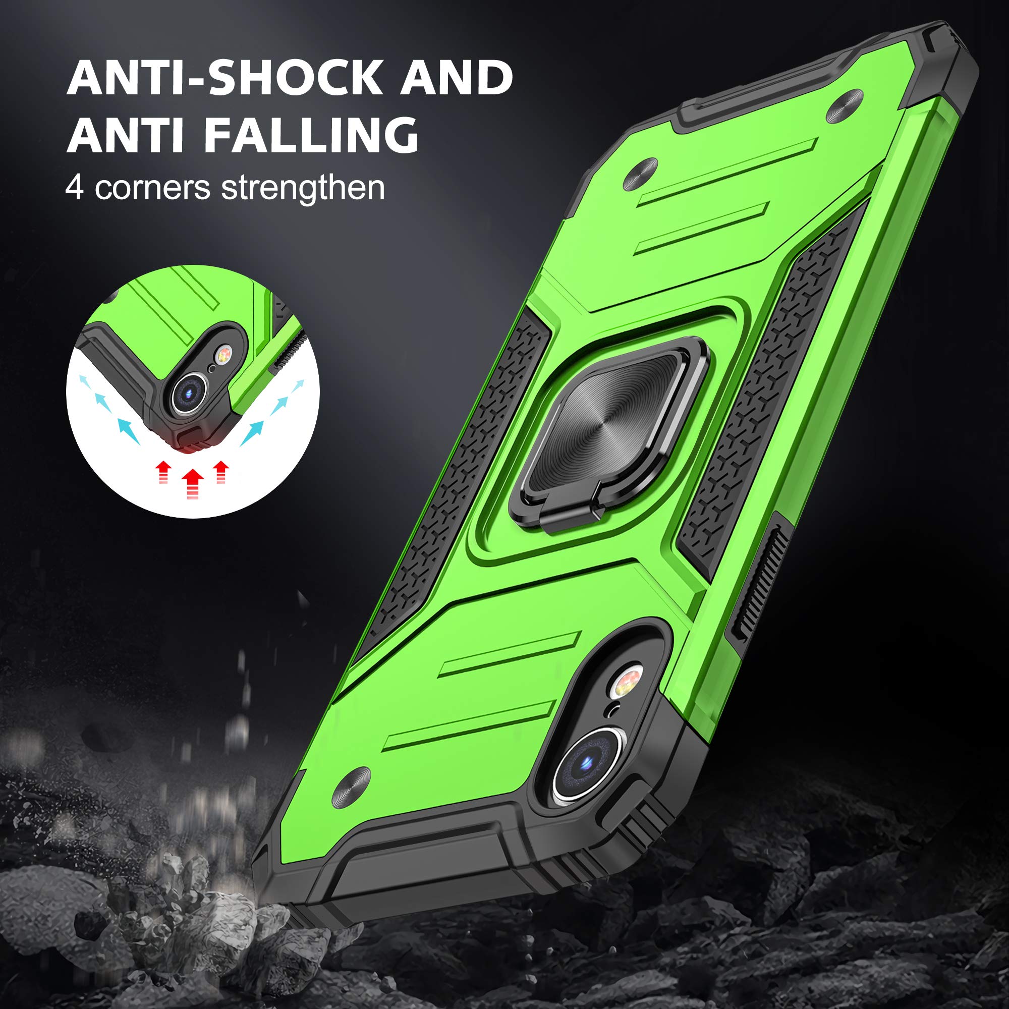 SunStory iPhone XR Case with HD Screen Protector & Magnetic Ring Kickstand - Compatible with iPhone XR 2018 (Z-Green) | Shockproof Protective Cover for Work, Travel and Outdoor Activities