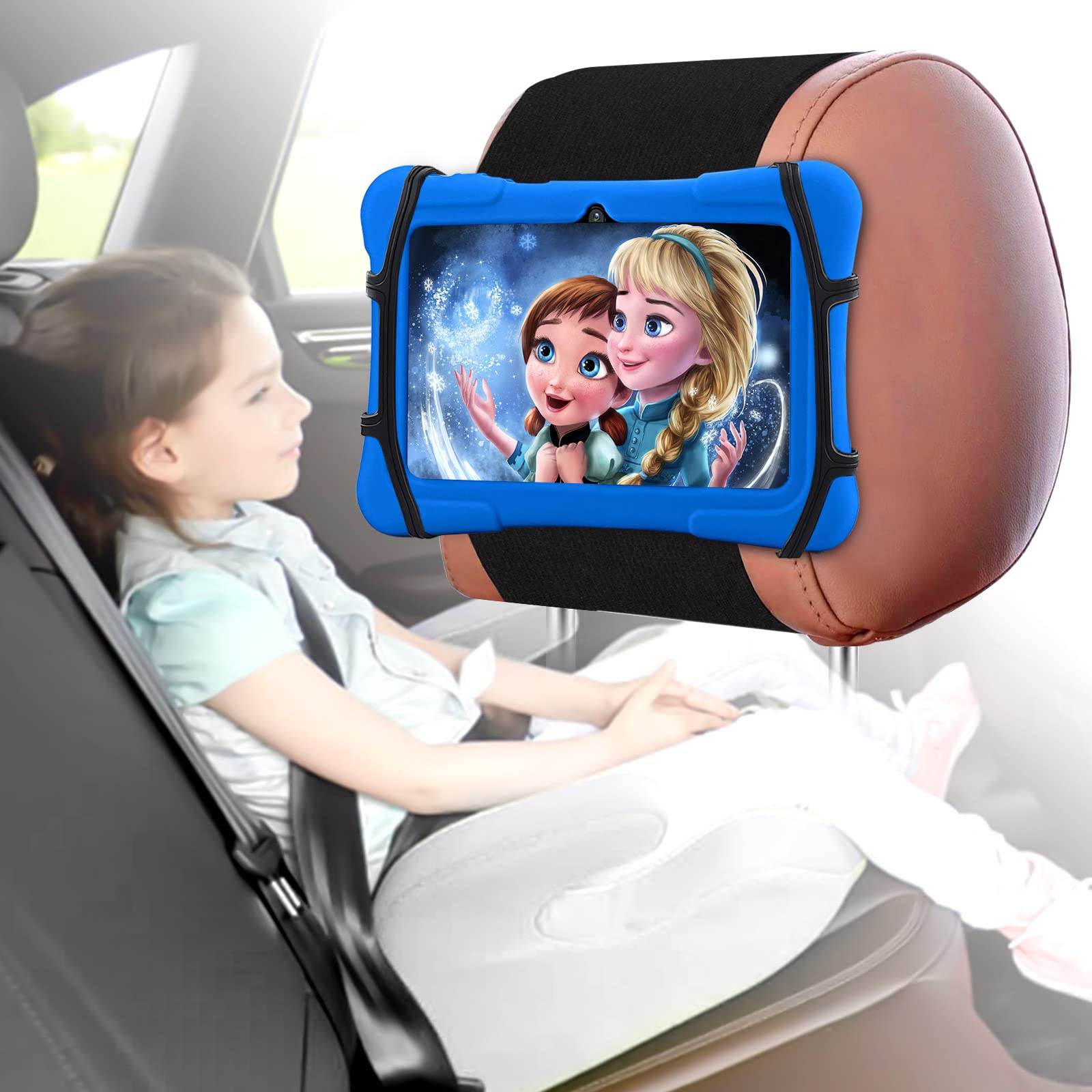 Uniplay Universal Kids Tablet Car Holder - Adjustable Headrest Mount for 7-10 Inch Tablets & iPads with Anti-Slip Strap & Silicone Net - Perfect for Road Trips, Family Travel & Backseat Entertainment