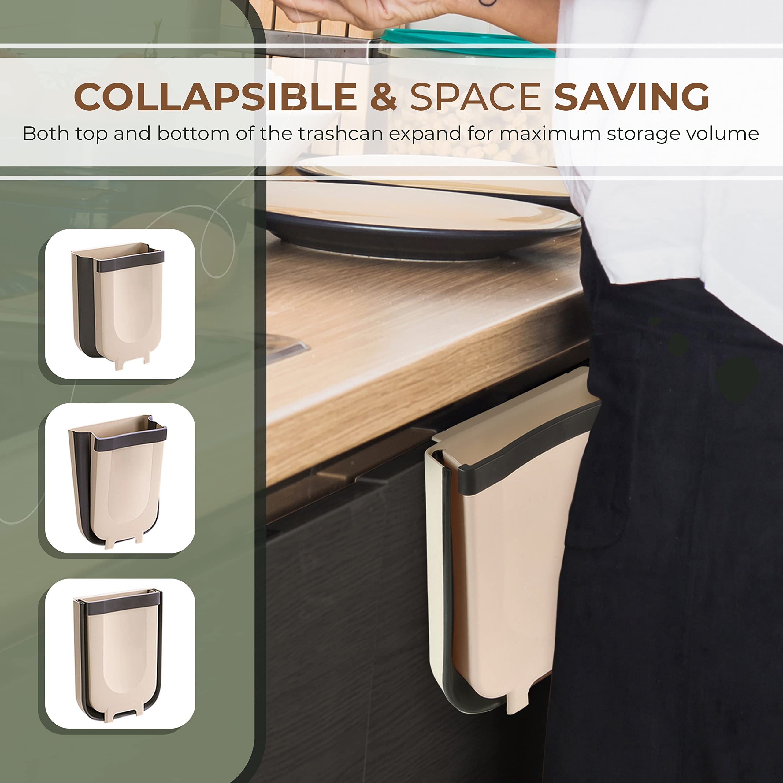 Foldable Hanging Trash Can - 2.4 Gallon Collapsible Garbage Bin for Kitchen Cabinet Door, Car Front Seat & Under Sink - Space-Saving Pull-Out Waste Basket for Home, Office & Travel Use