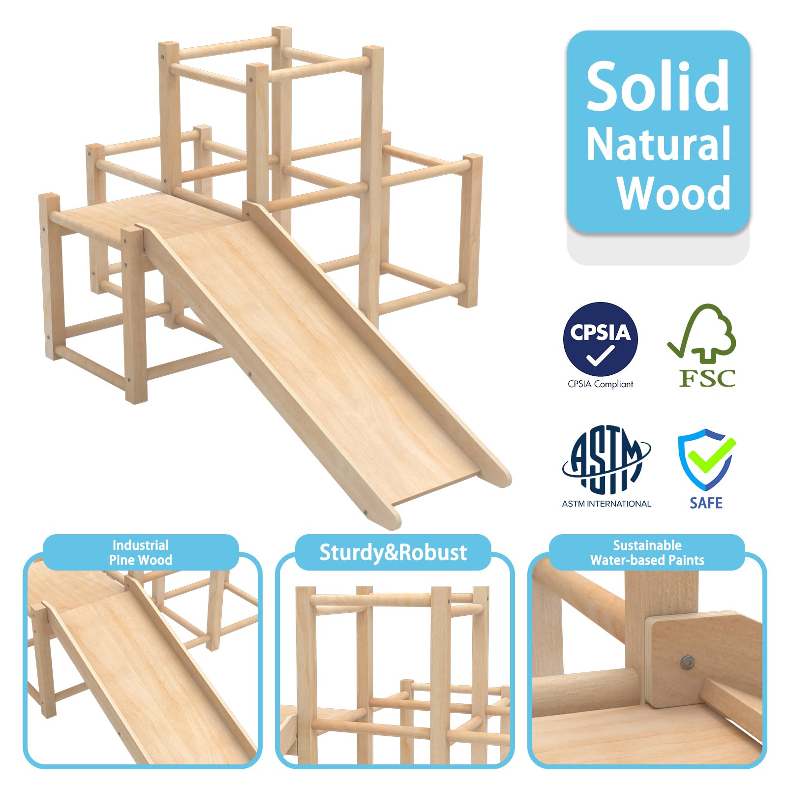 Montessori Wooden Indoor Jungle Gym Climber Playset with Slide - Toddler Climbing Toys & Multifunctional Playground for Kids - Perfect for Home Playrooms, Daycares, and Indoor Active Play