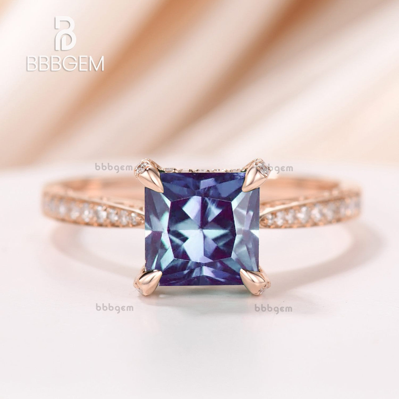Hidden Halo Alexandrite Engagement Ring - Princess Cut Lab-Created Alexandrite with Diamond Accents | Perfect for Proposals, Weddings & Anniversary Gifts