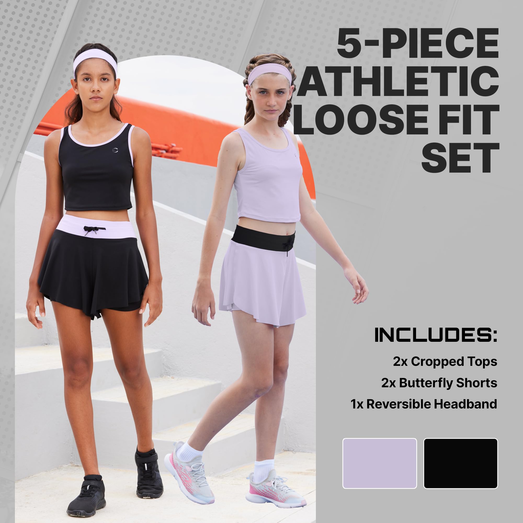 Flowy Girls Butterfly Shorts Skirts with Pockets & Athletic Sleeveless Tank Tops 5pc Set - Perfect for Dance, Tennis, Cheerleading, Running, Gym & Casual Wear