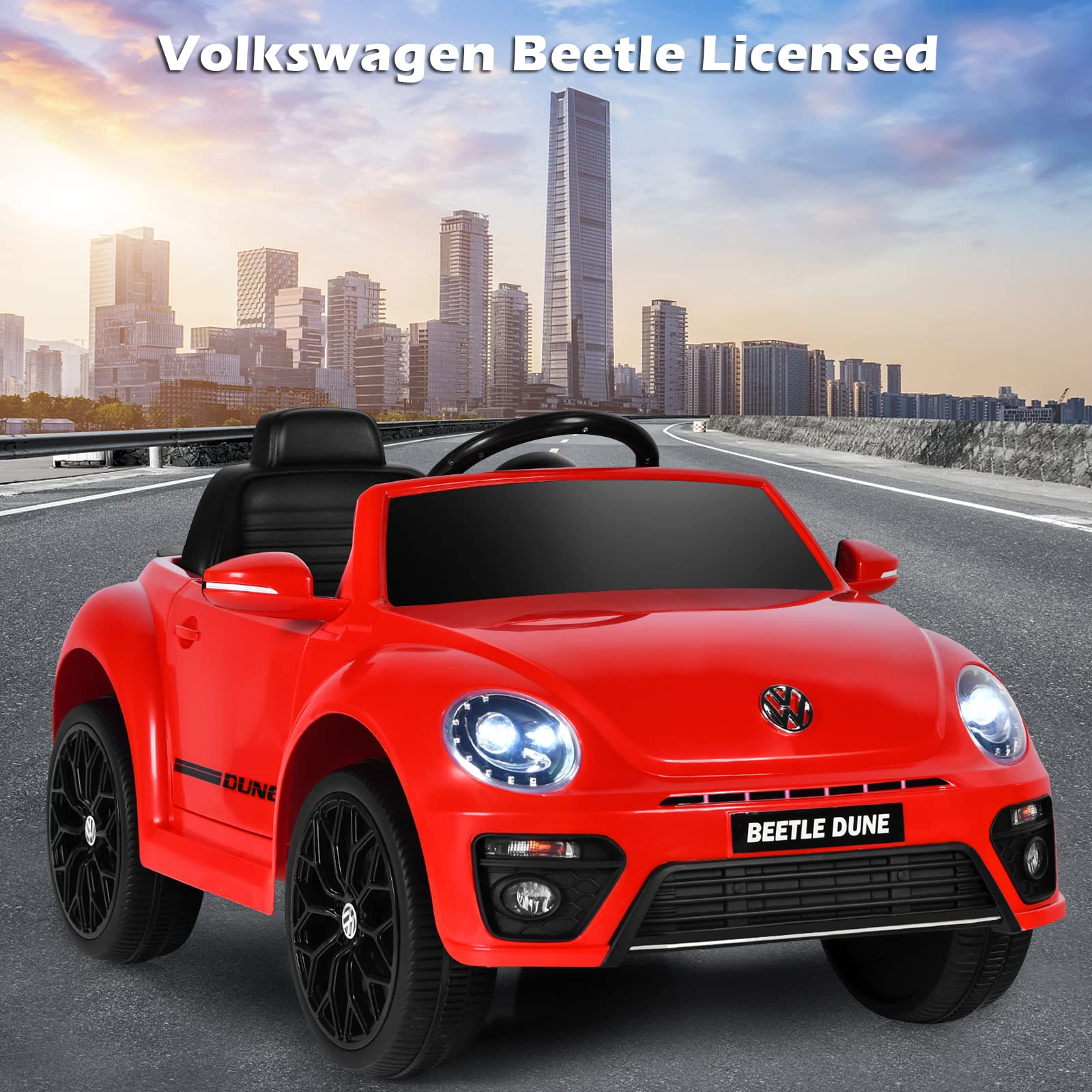 Costzon 12V Licensed Volkswagen Beetle Kids Ride-On Car with Remote Control - Electric Battery-Powered Vehicle for Boys & Girls, Spring Suspension, LED Lights, USB Port, Horn & Music - Perfect Birthday Gift & Outdoor Play Toy (Red)