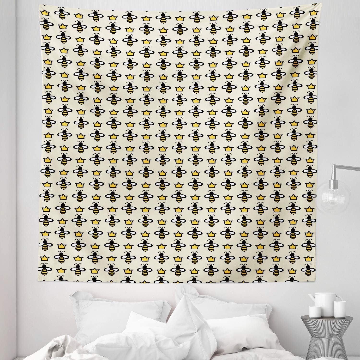 Ambesonne Queen Bee Tapestry - Hand-Drawn Cartoon Bees & Crowns Design, 88x88 Inch Queen Size Wall Hanging, Bedspread & Home Decor in Eggshell Mustard - Perfect for Bohemian Bedroom, Dorm Room & Living Room Wall Decor