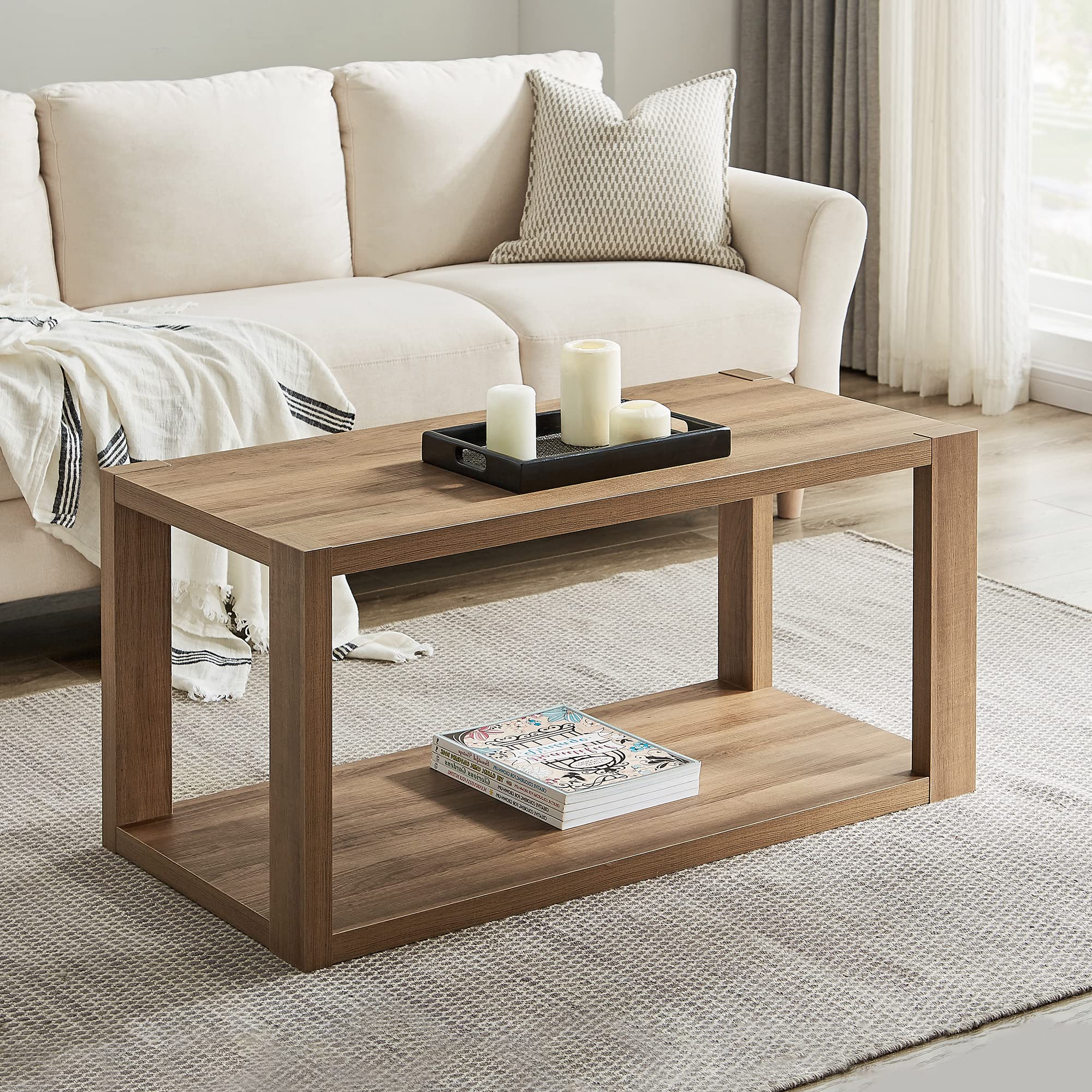 SICOTAS Farmhouse Wood Coffee Table with Storage Shelf - Mid Century Modern 2-Tier Rectangle Living Room Table, Boho Accent Table for Sofa | Rustic Home Decor, Perfect for Living Room, Lounge & Small Spaces