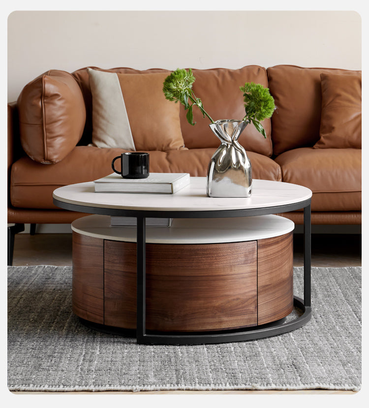 Premium Black Walnut Solid Wood Round Coffee Table - Modern Luxury Rock Plate Design for Living Room, Lounge & Office Decor