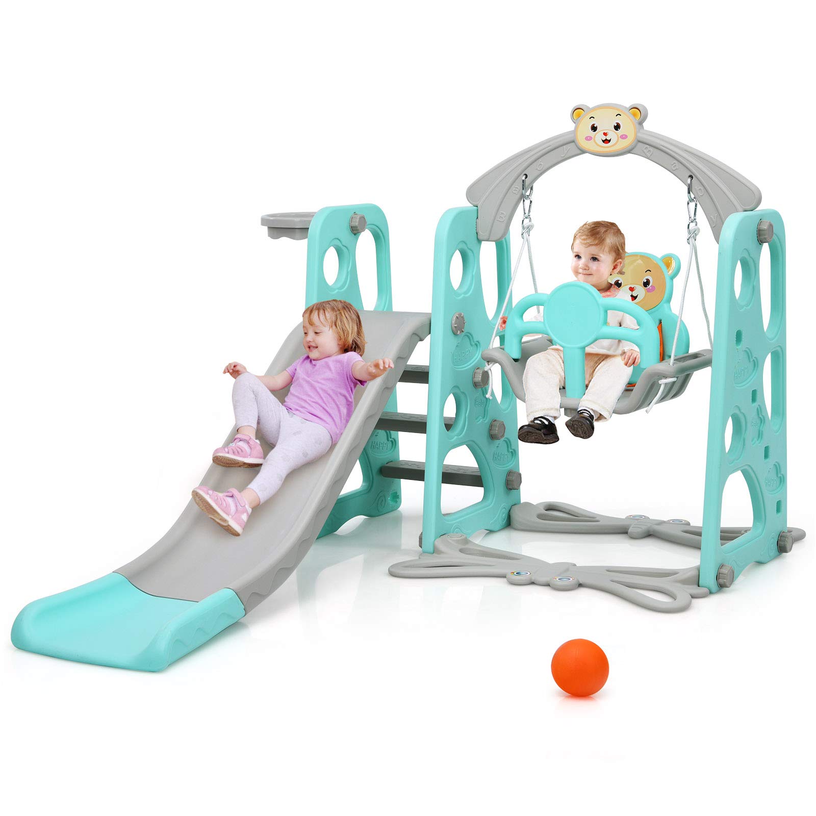 Costzon 4-in-1 Toddler Slide & Swing Set - Indoor/Outdoor Baby Playset with Slide, Swing, Climber & Basketball Hoop | Fun Playground Equipment for 1+ Year Old Girls & Boys | Perfect for Backyards, Playrooms & Birthday Gifts