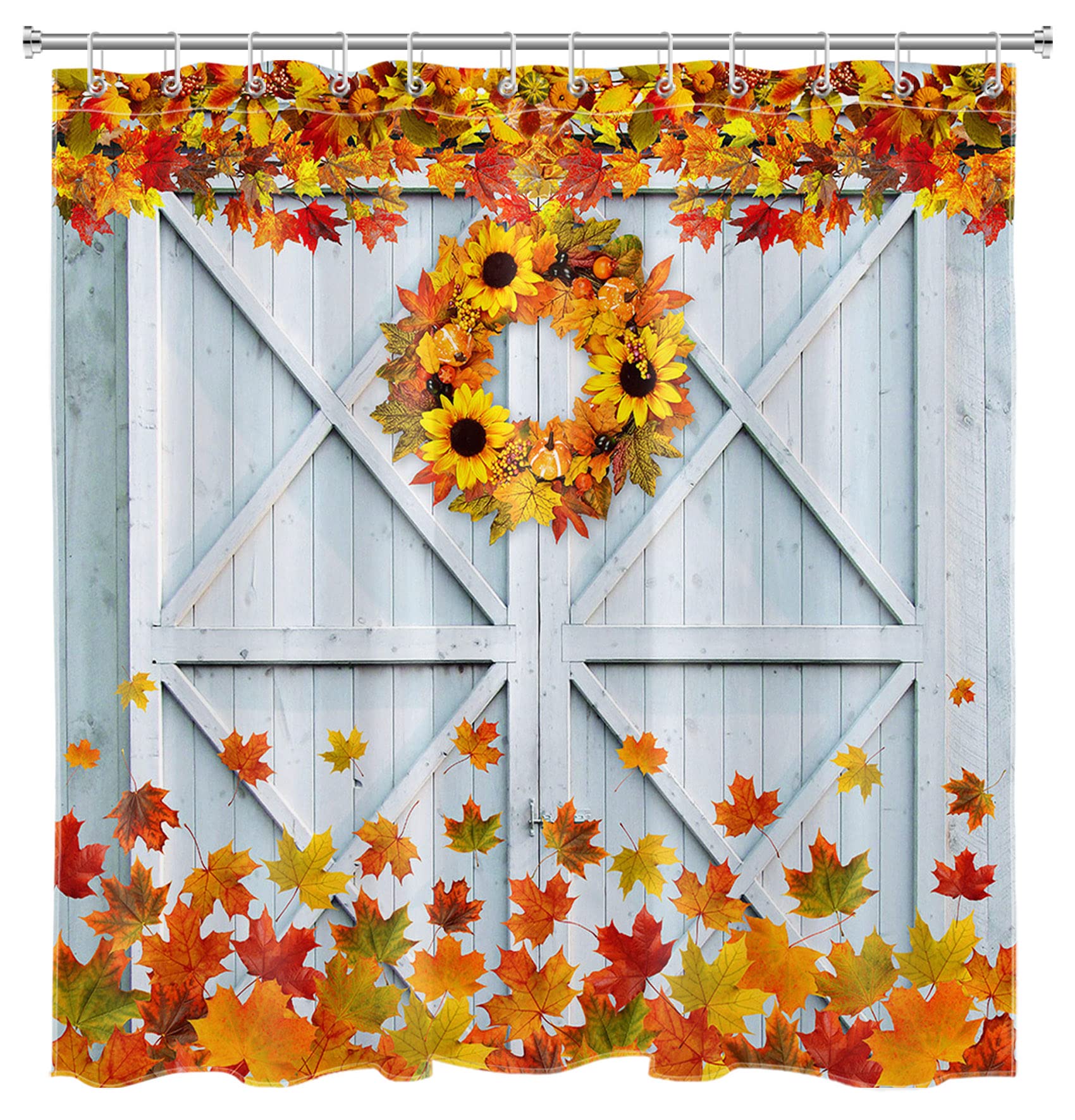 HVEST Maple Leaves Shower Curtain - Sunflower Blue Barn Door Bathroom Decor, Farmhouse Harvest Holiday Bath Curtain with Hooks, 72x72 Inches Polyester Fabric - Perfect for Rustic Bathrooms, Farmhouse Style Homes & Autumn Themed Decorations