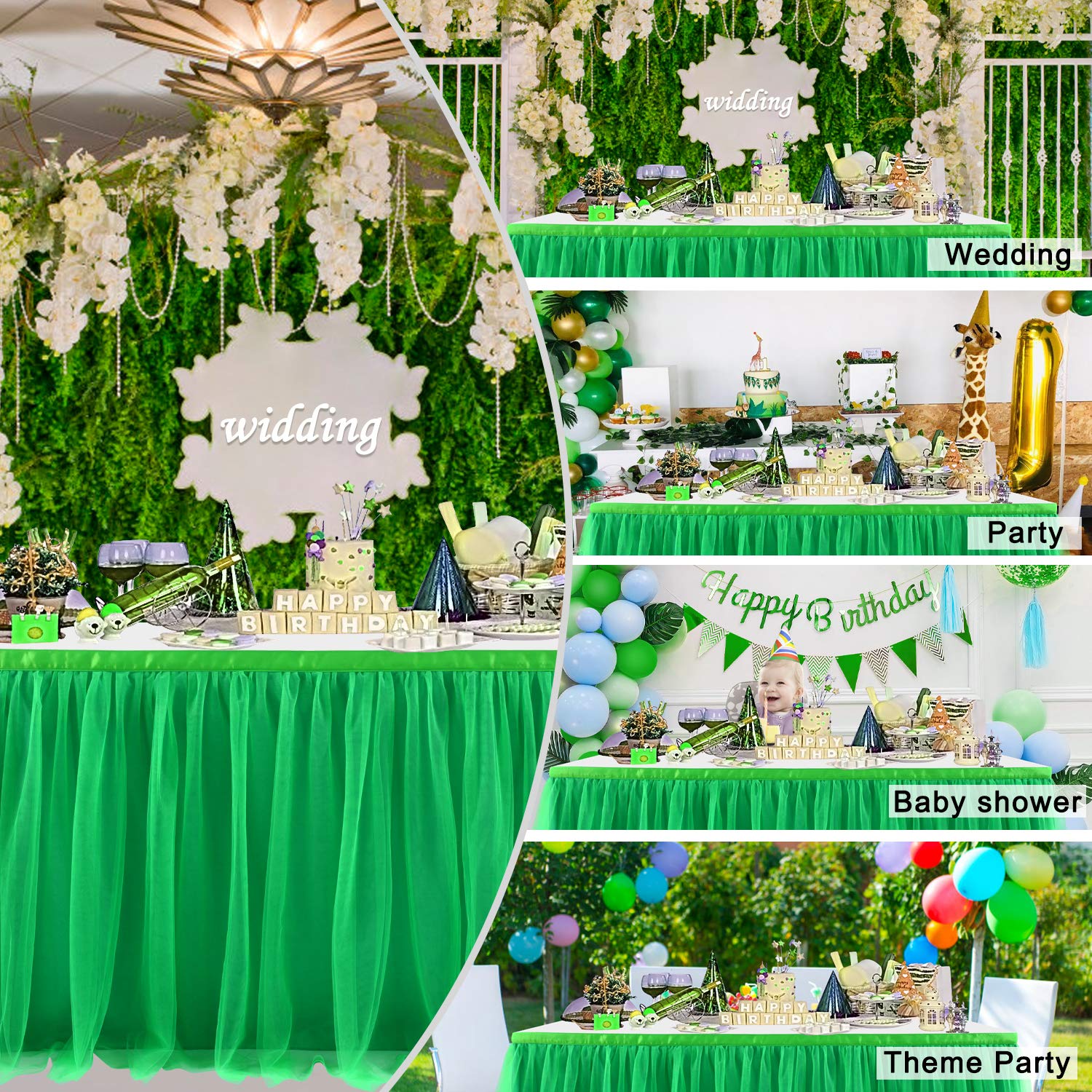 Suppromo 9ft Green Tulle Table Skirt - Elegant Ruffle Tutu Tablecloth for Rectangle & Round Tables | Perfect for Birthday Parties, Baby Showers, Jungle Luau & Safari Theme Decorations | Wedding, Bridal Shower & Holiday Party Table Decor