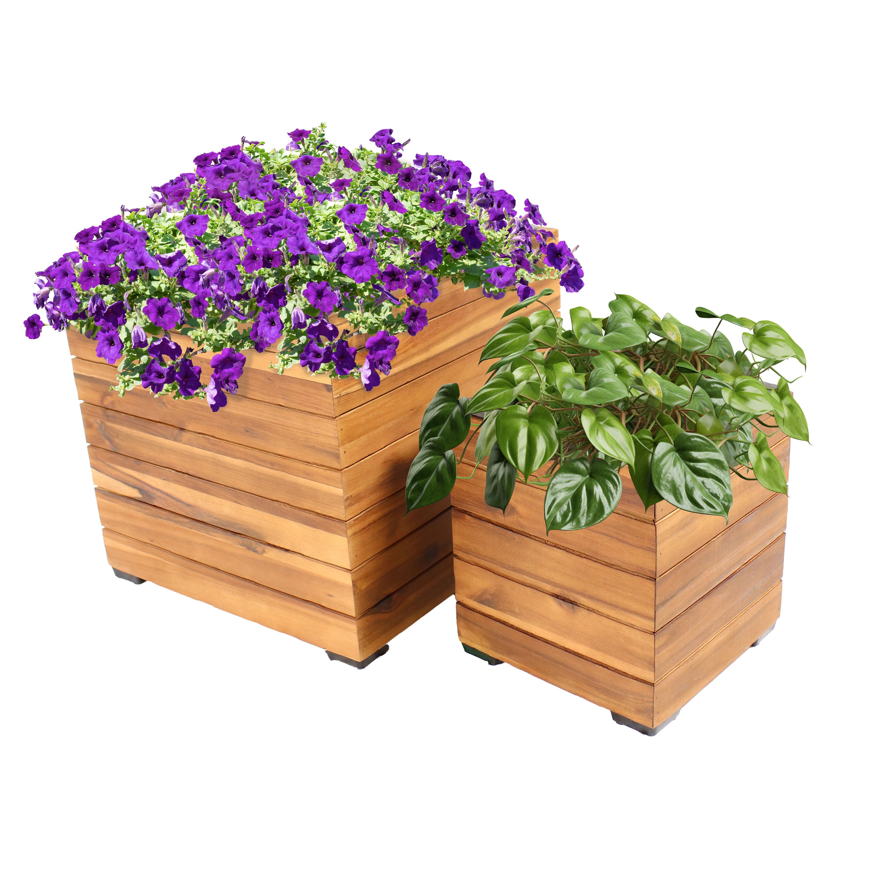 Sunnydaze 2-Piece Wooden Planter Box Set with Plastic Liners - Outdoor Garden Decor for Flowers, Herbs & Plants - Perfect for Patio, Balcony & Backyard Gardening