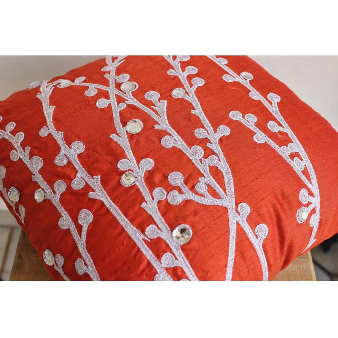 Premium 14x14 Inch Silk Floral Pillow Cover - Coral Orange Willow Design Square Cushion Case for Sofa, Bedroom Decor & Home Styling (35x35 cm)