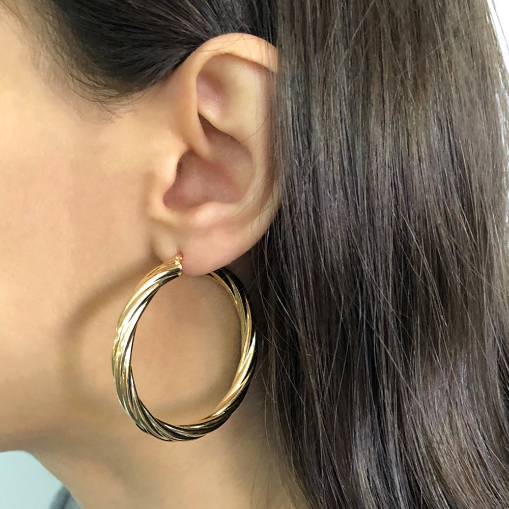 9ct Yellow Gold 40mm Twisted Striped Hoop Earrings for Women - Elegant Dangle Hoops for Party, Wedding & Everyday Wear | 9K Gold Jewelry Gift