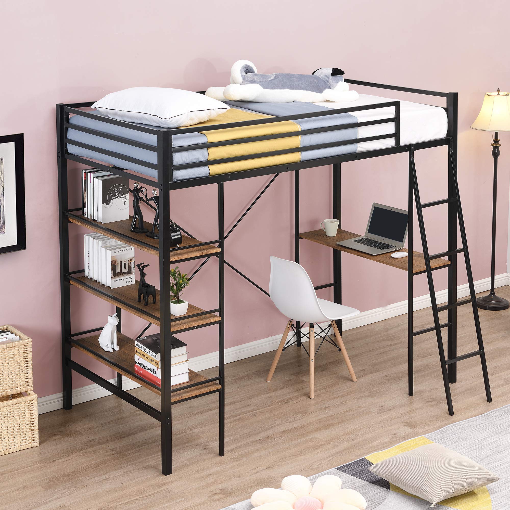 Twin Metal Loft Bed with Desk and Shelves for Kids Teens & Adults - Sturdy High Loft Bed Frame with Full-Length Guardrail - Perfect for Small Bedrooms, Dorms & Space-Saving Kids Rooms