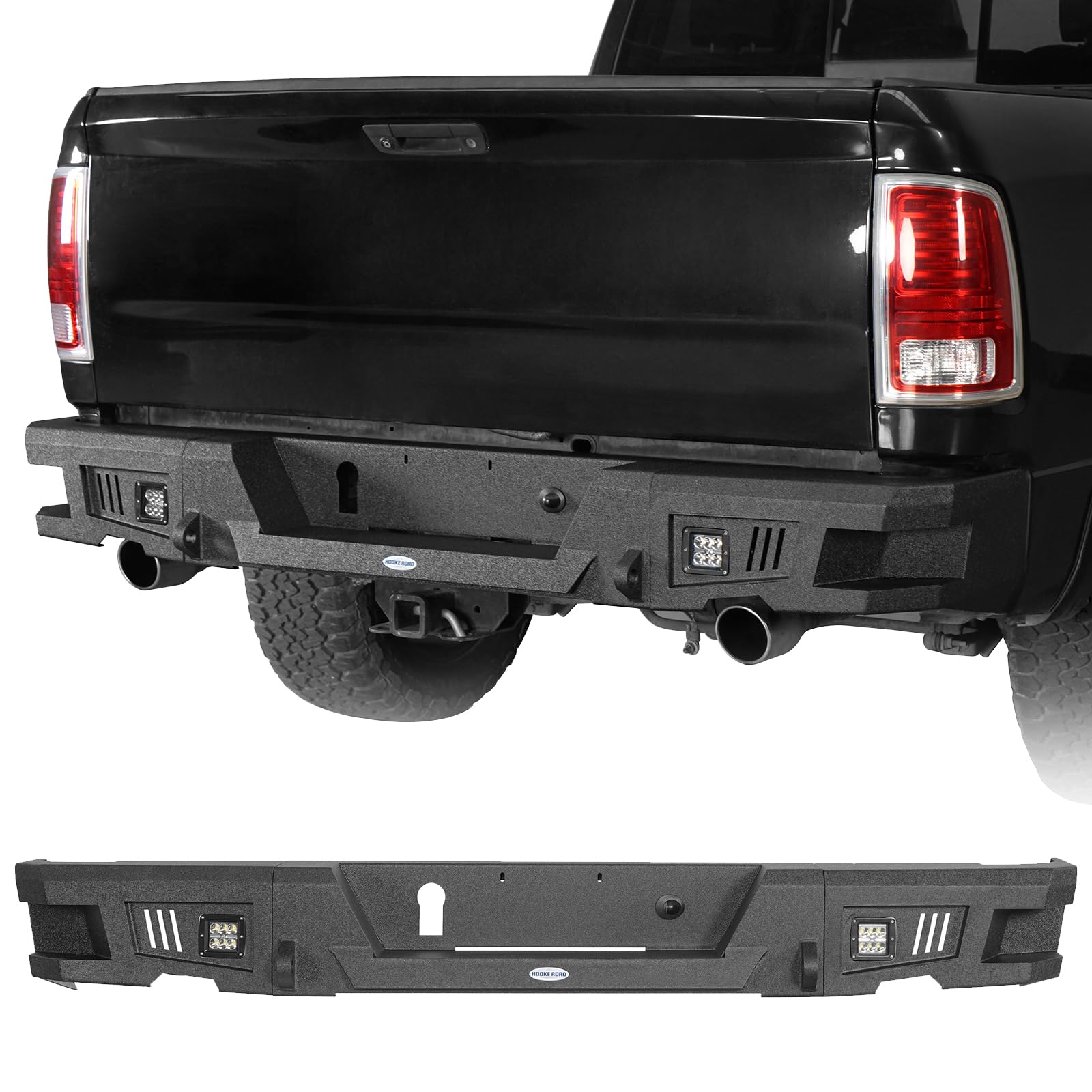 Hooke Road Heavy Duty Rear Bumper with D-Ring Mount & LED Lights for 2009-2018 Dodge Ram 1500 Pickup Truck - Offroad Step Bumper for Enhanced Safety and Towing - Perfect for Off-Roading, Camping & Work Sites