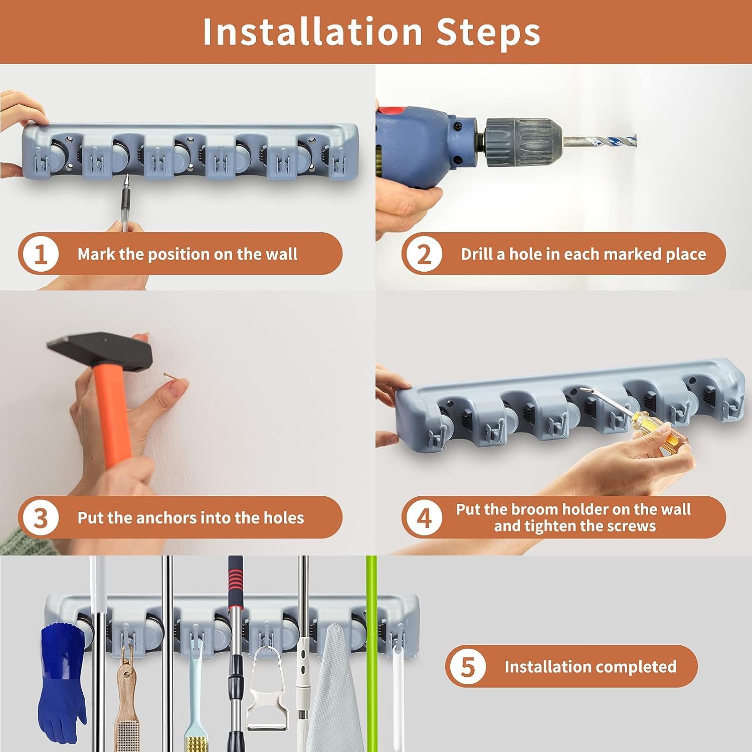 Heavy Duty Wall Mount Broom and Mop Holder with Hooks - Space Saving Garage, Laundry Room & Garden Tool Organizer Rack - Durable Grey Storage Solution for Brooms, Mops, Garden Tools and Cleaning Supplies
