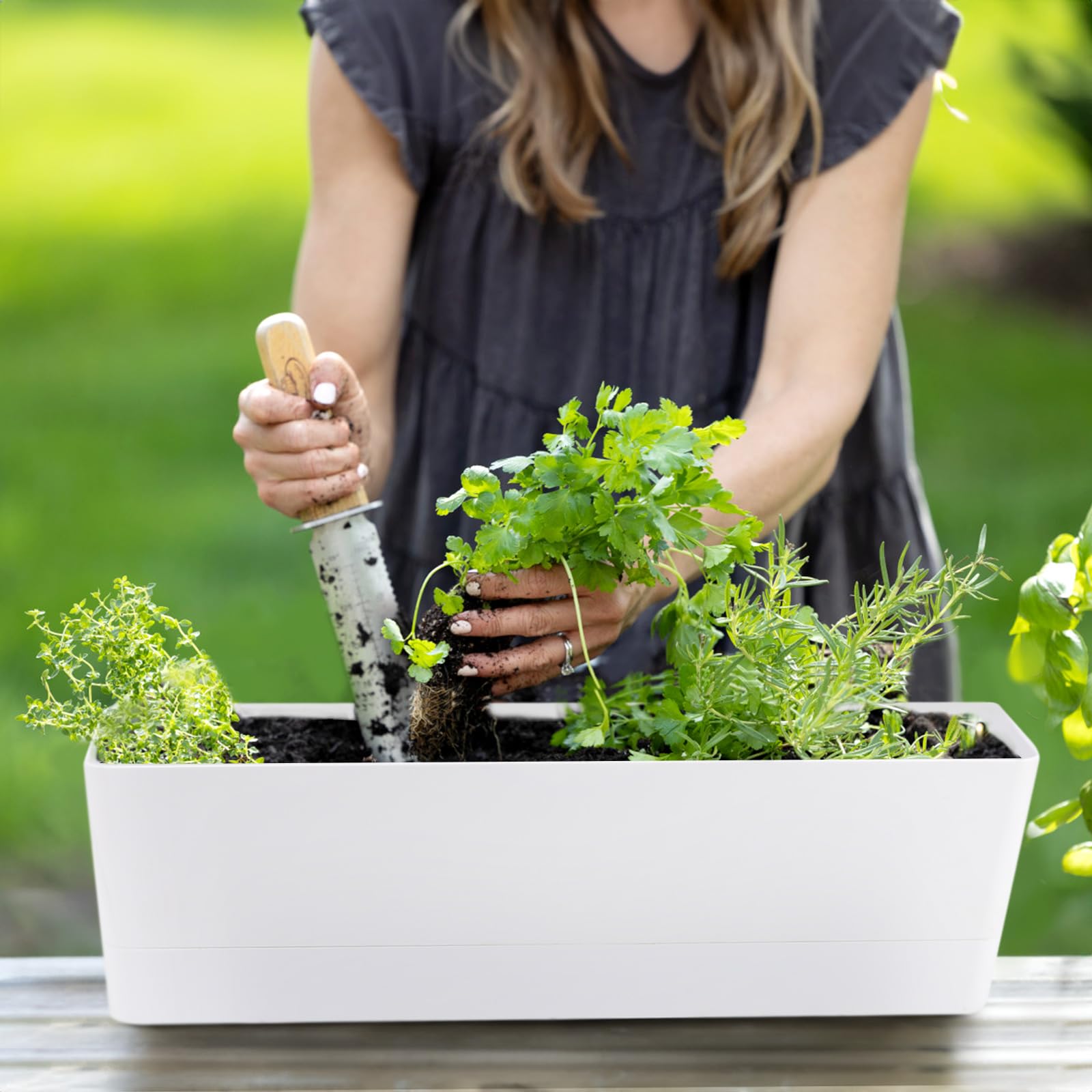 GREANER 6 Pack 16x3.8 Inch White Plastic Window Box Planters with Drainage Trays - Indoor Outdoor Flower Pots for Succulents, Cactus, Vegetables - Perfect for Balcony, Office, Garden, Windowsill Decor & Planting