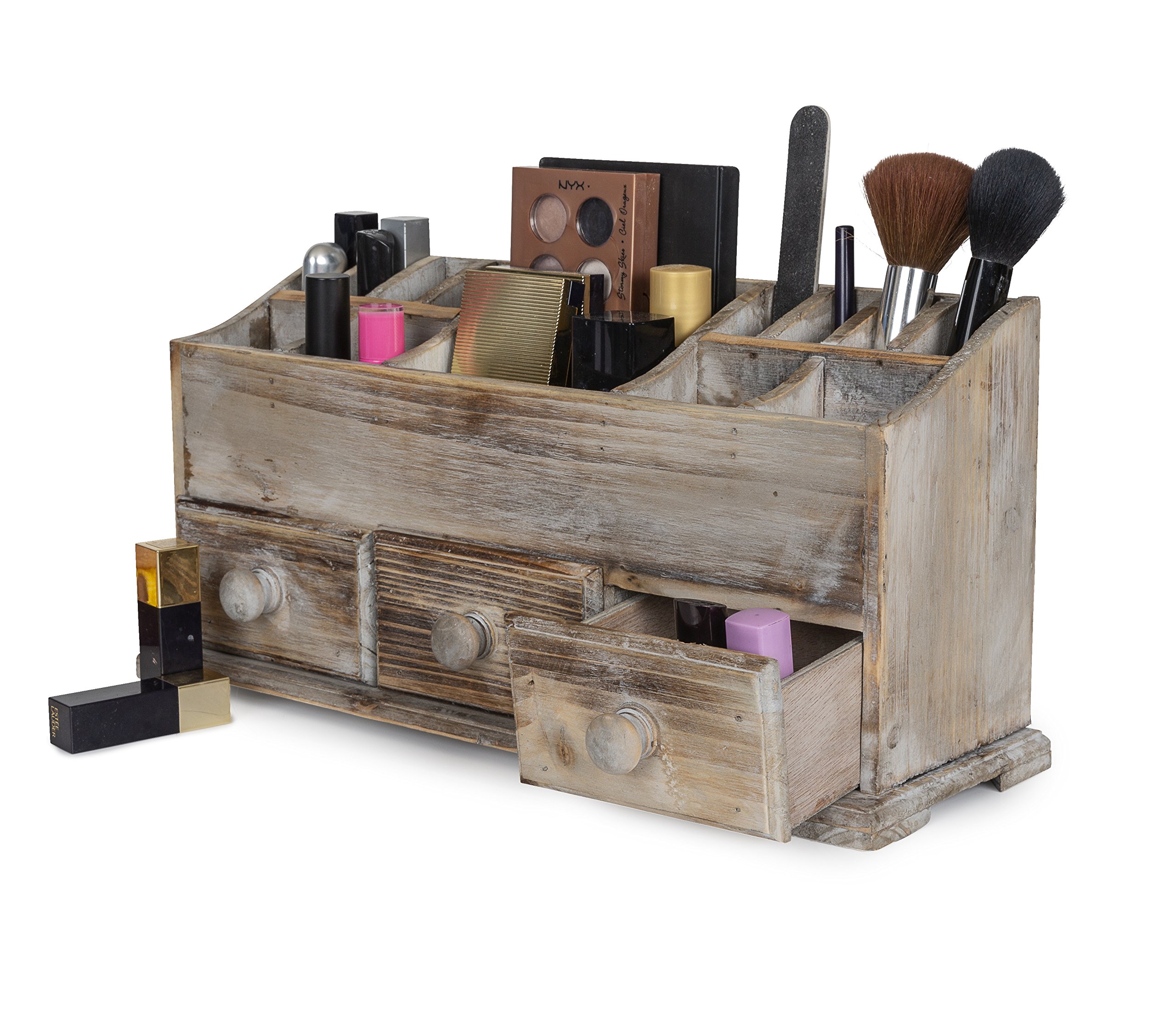3-Tier Wooden Vanity Drawer Organizer - Rustic Cosmetic Storage Box for Makeup, Jewelry & Small Accessories | Perfect for Home, Office & Bathroom Countertop Organization | Space-Saving Beauty Storage Solution