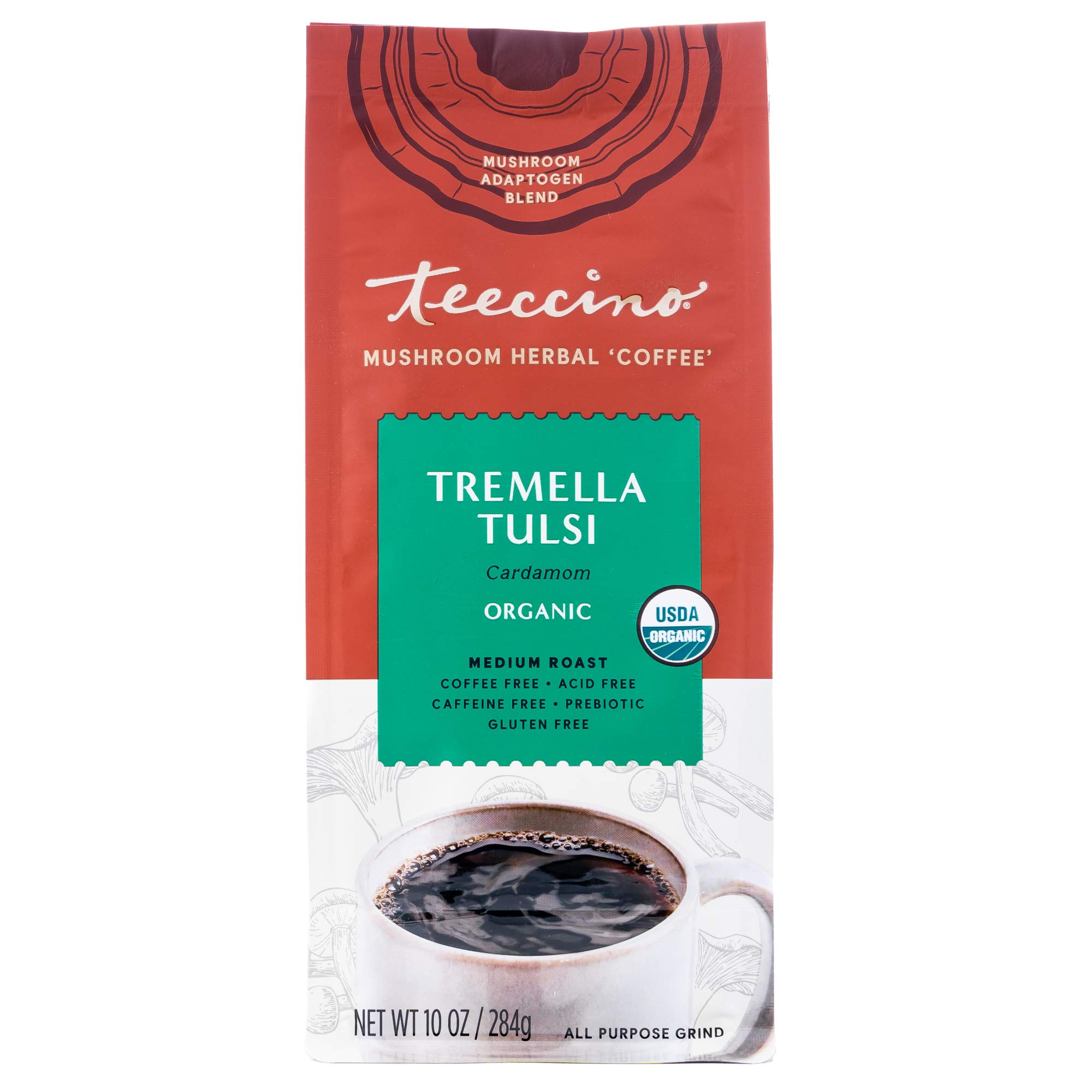Organic Teeccino Tremella Tulsi Herbal Coffee Alternative - Medium Roast, Caffeine Free, Prebiotic, Acid Free, Gluten Free - Cardamom Flavor with Adaptogenic Mushrooms (10 Oz) - Perfect for Morning Energy & Relaxation Without Caffeine