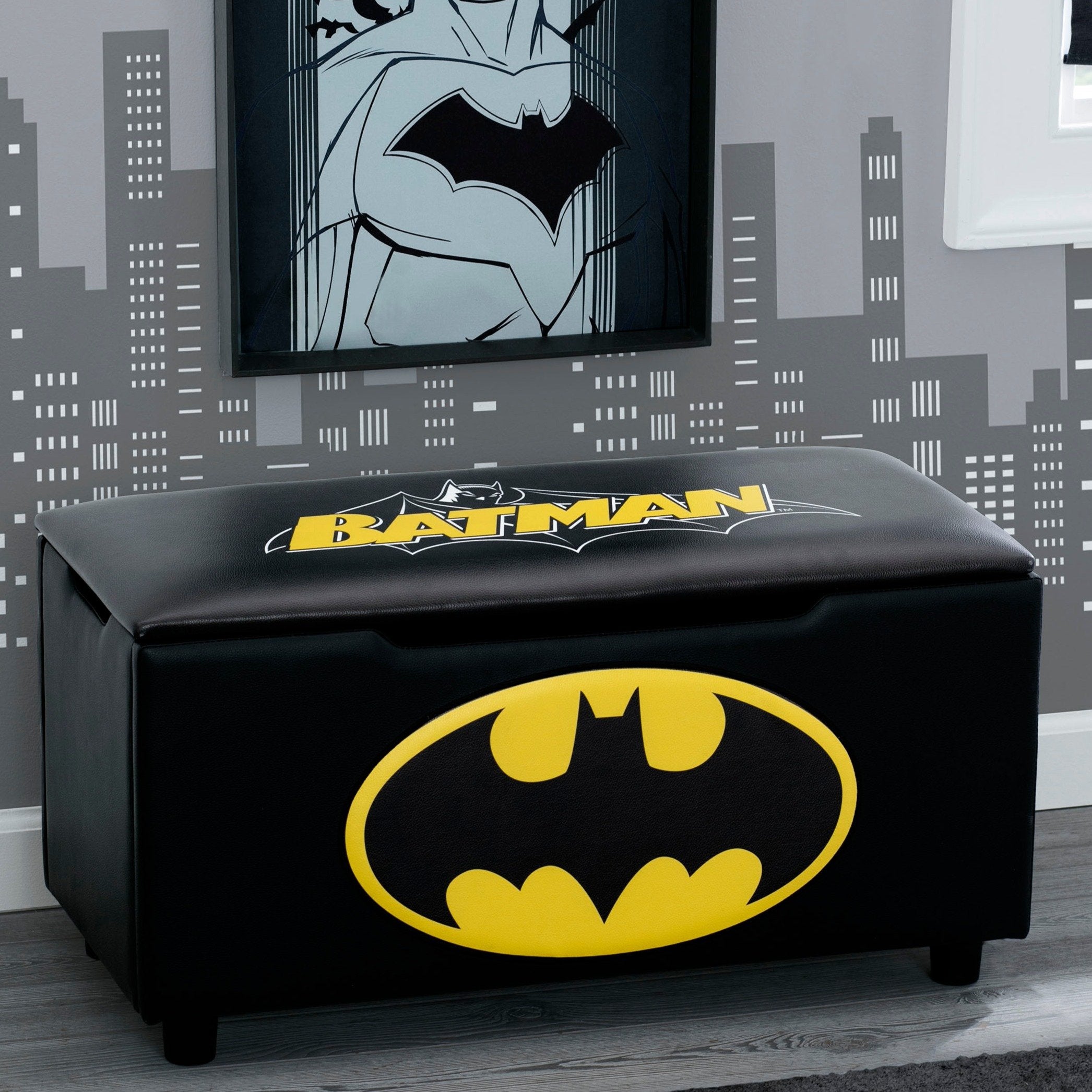 Batman Themed Kids Upholstered Storage Bench - Superhero Toy Organizer for Bedroom, Playroom & Nursery - Perfect for Toys, Books & Blankets Storage
