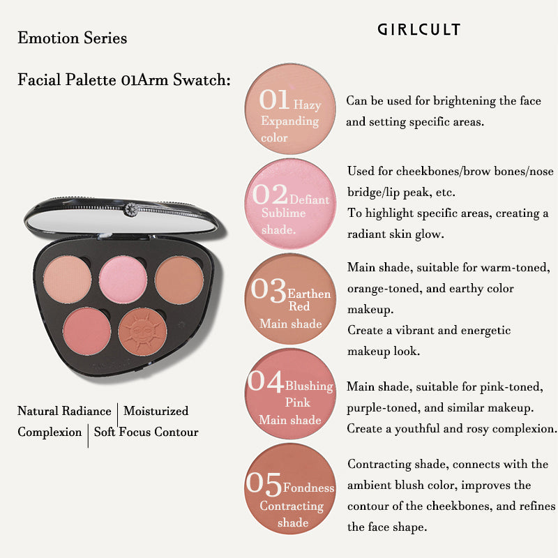 Girlcult Emotion Series Face Palette - 6-in-1 Blush Highlighter Contour Makeup Palette for Cheeks & Eyes | Perfect for Everyday Glam, Date Night & Professional Makeup Looks
