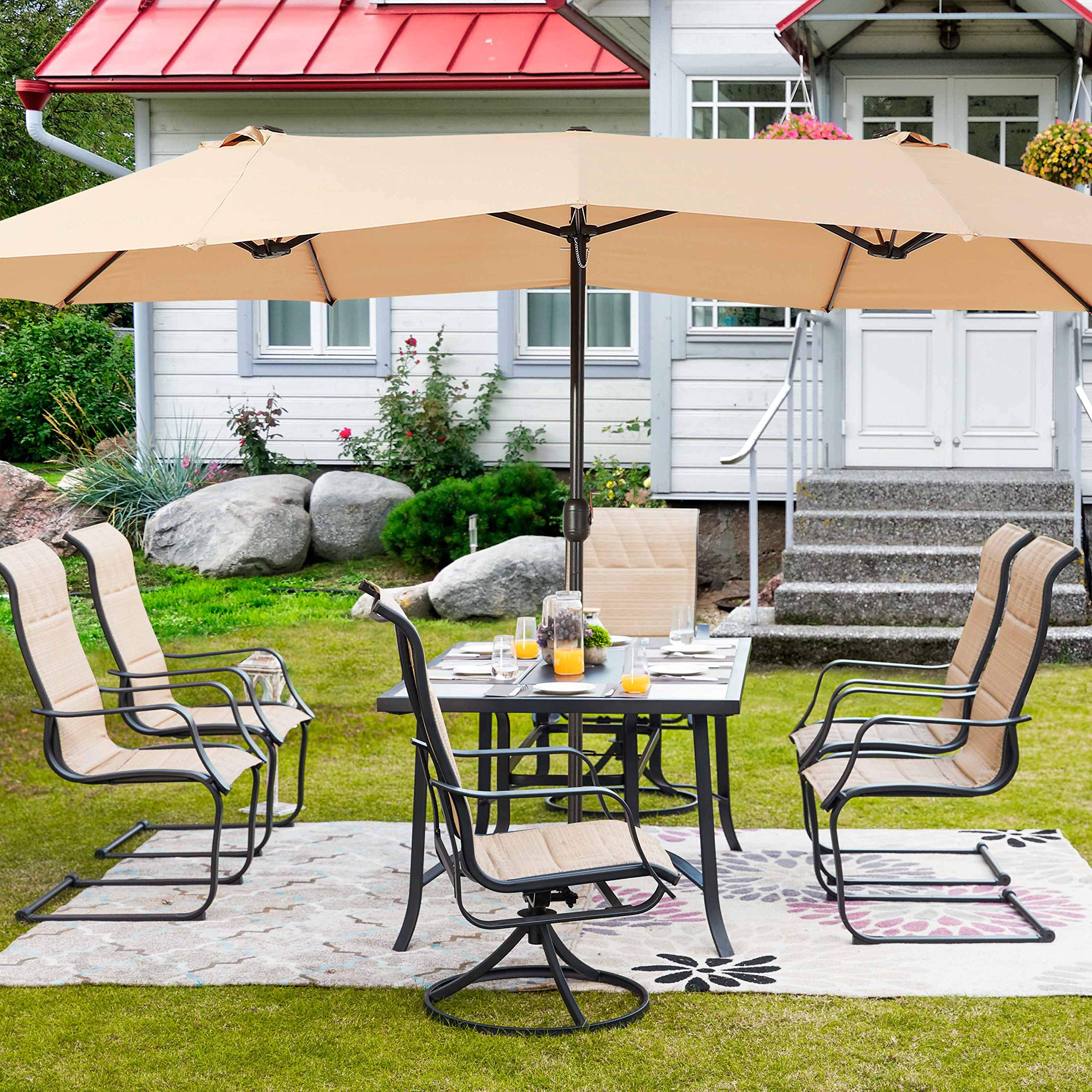 PatioFestival 15Ft Double-Sided Outdoor Market Umbrella with Crank Handle & Heavy Duty Base - Extra Large Sun Shade for Patio, Poolside, Backyard, and Commercial Use