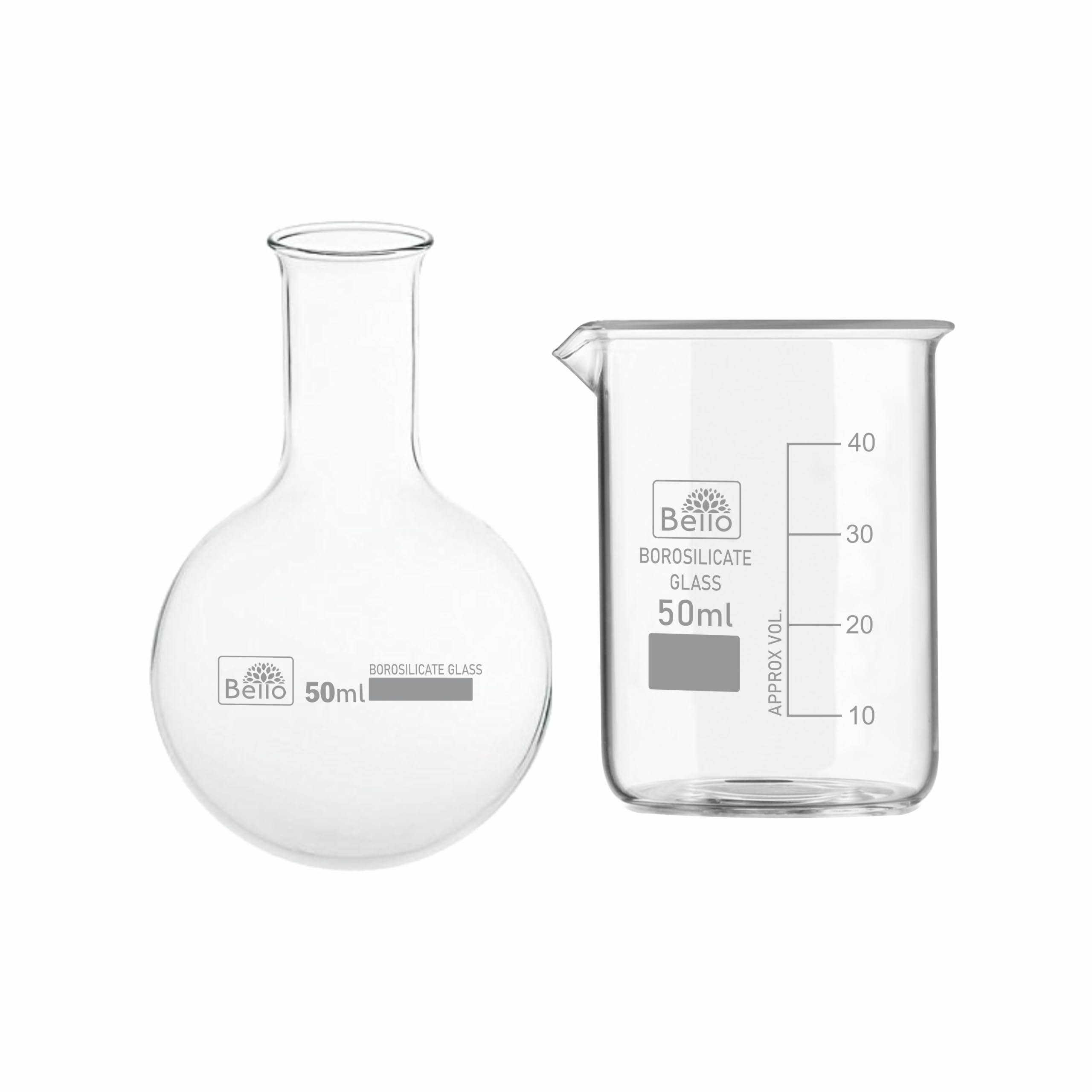 Borosilicate 3.3 Glass Measuring Beaker 50ml & Round Bottom Boiling Flask 50ml Set - High-Quality Lab Glassware for Chemistry Experiments, School & College Laboratory Use