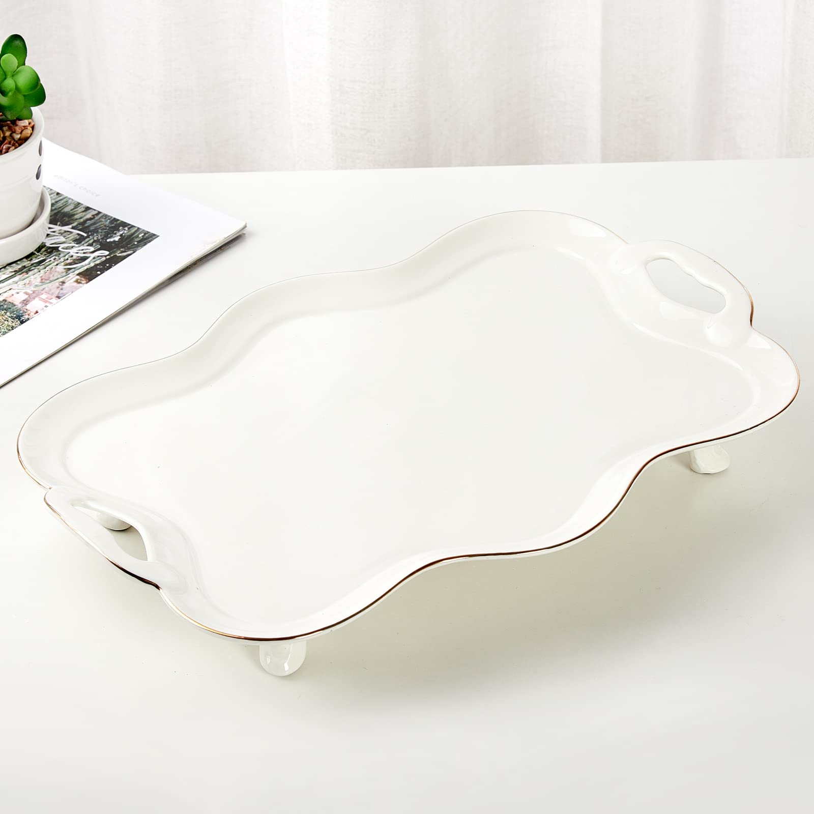 DUJUST Porcelain Serving Tray with Handles - Luxury British Style Coffee Table Tray with Gold Rim - Elegant Tea Tray for Living Room Decor - Easy to Clean & Use - Perfect for Afternoon Tea, Coffee Service, and Home Decor Display