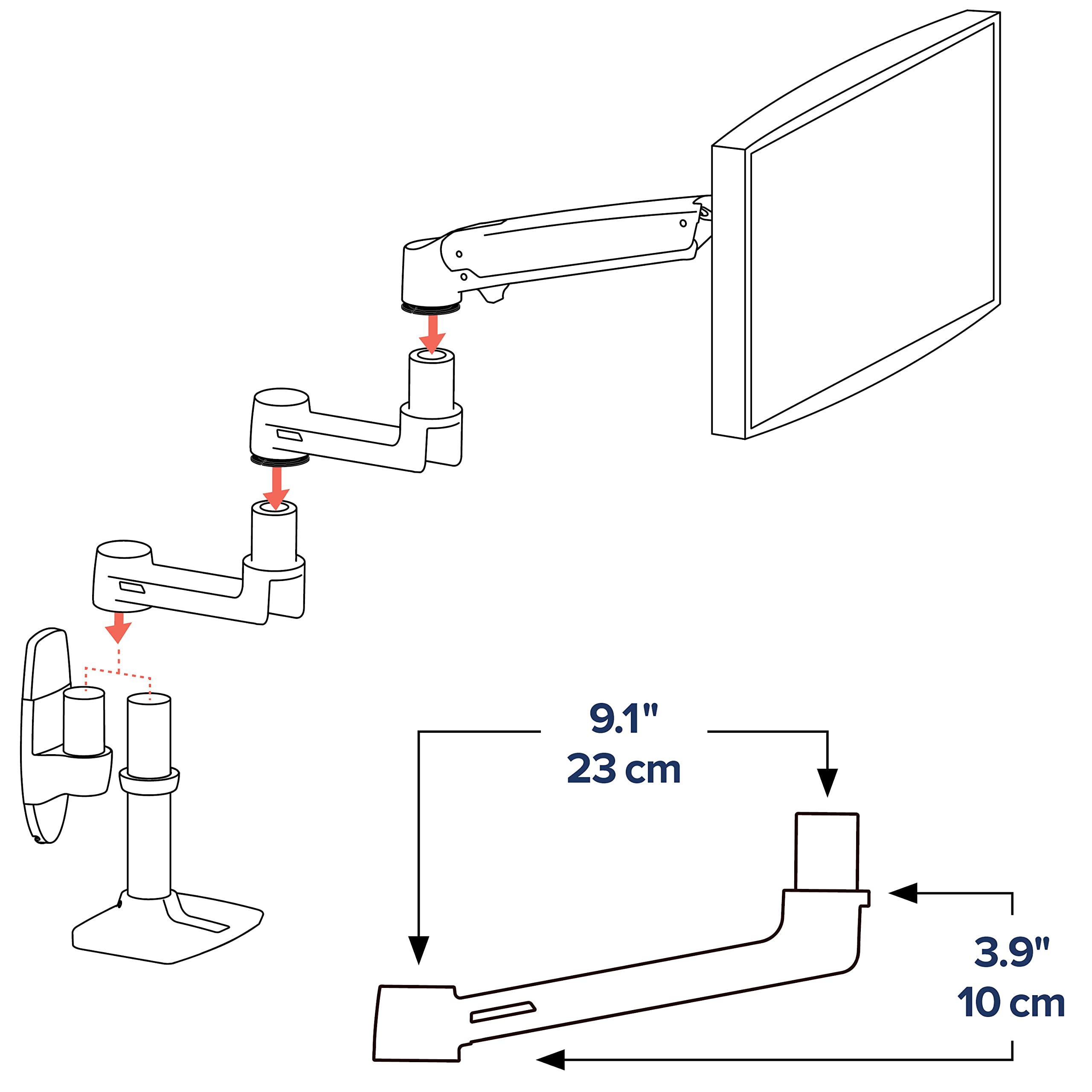 Ergotron LX Monitor Arm Extension - Aluminum Add-on for LX Desk & Wall Mounts | Compatible with LX Keyboard Arm | Perfect for Home Office & Workspace Setup