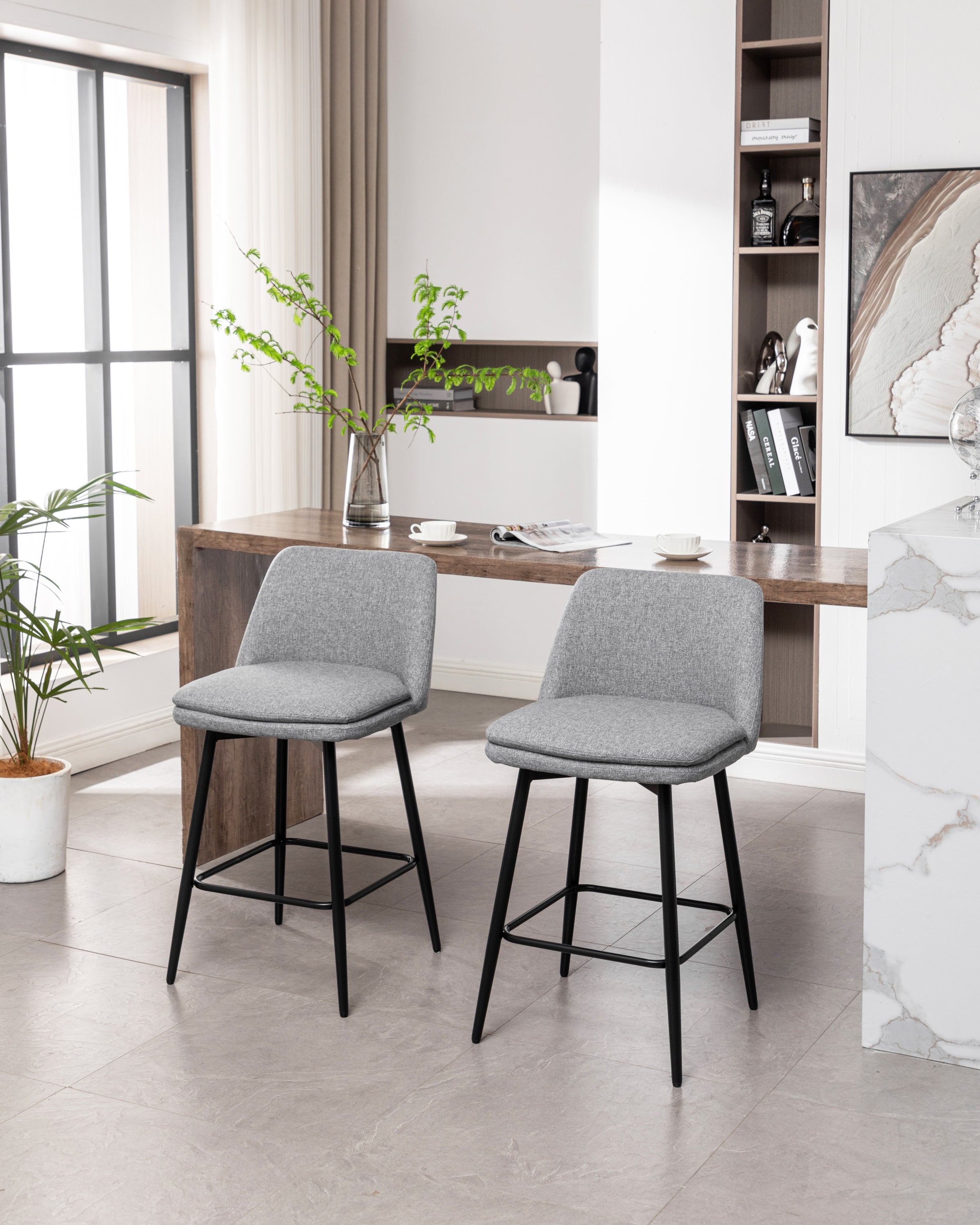 360° Swivel Counter Height Bar Stools Set of 2 - Upholstered with Back Support & Sturdy Metal Legs, 25.6