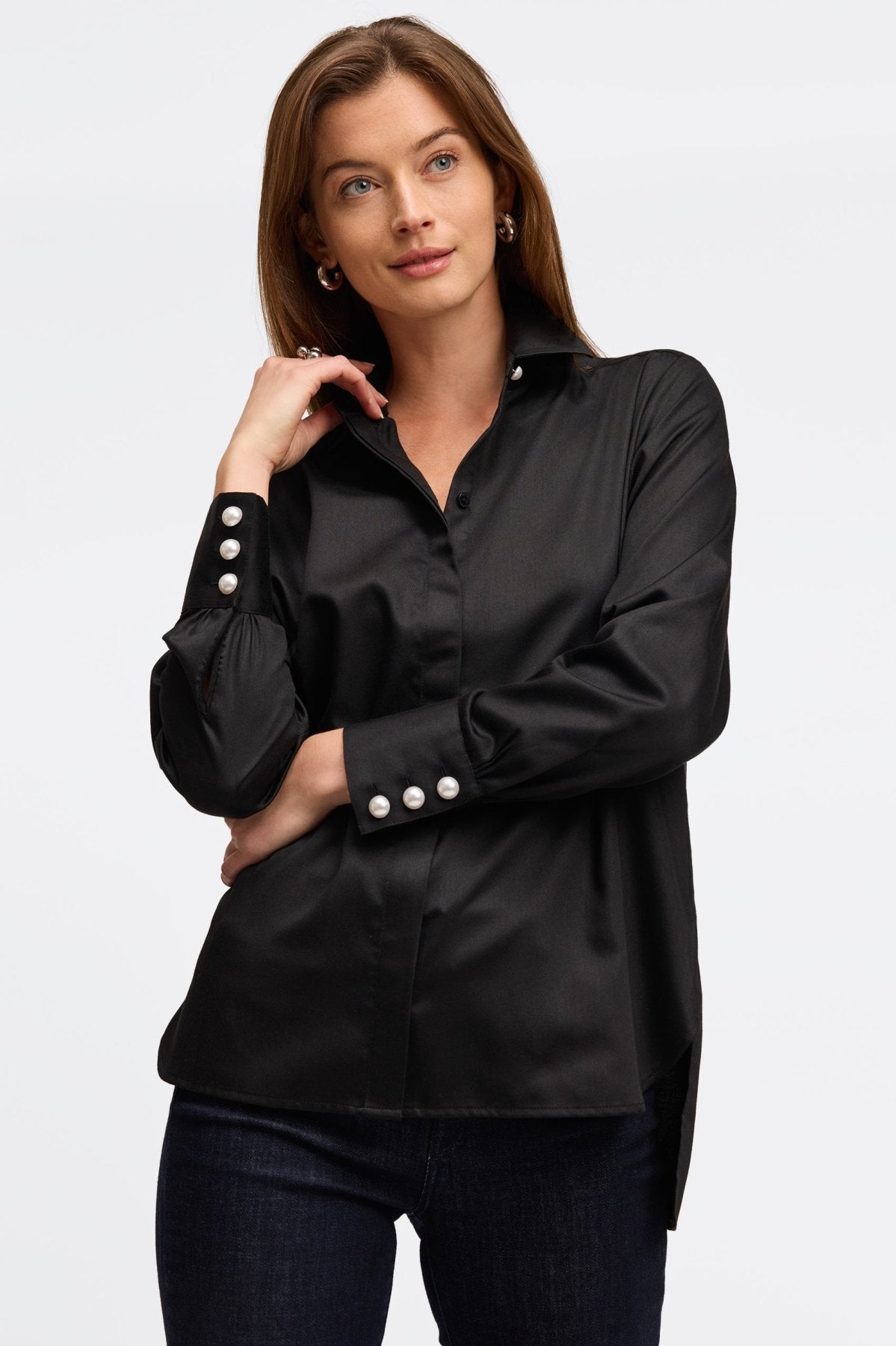 Premium Pearl No Iron Stretch Matte Sateen Long Sleeve Shirt for Women - Wrinkle-Free Office Wear & Business Casual Attire