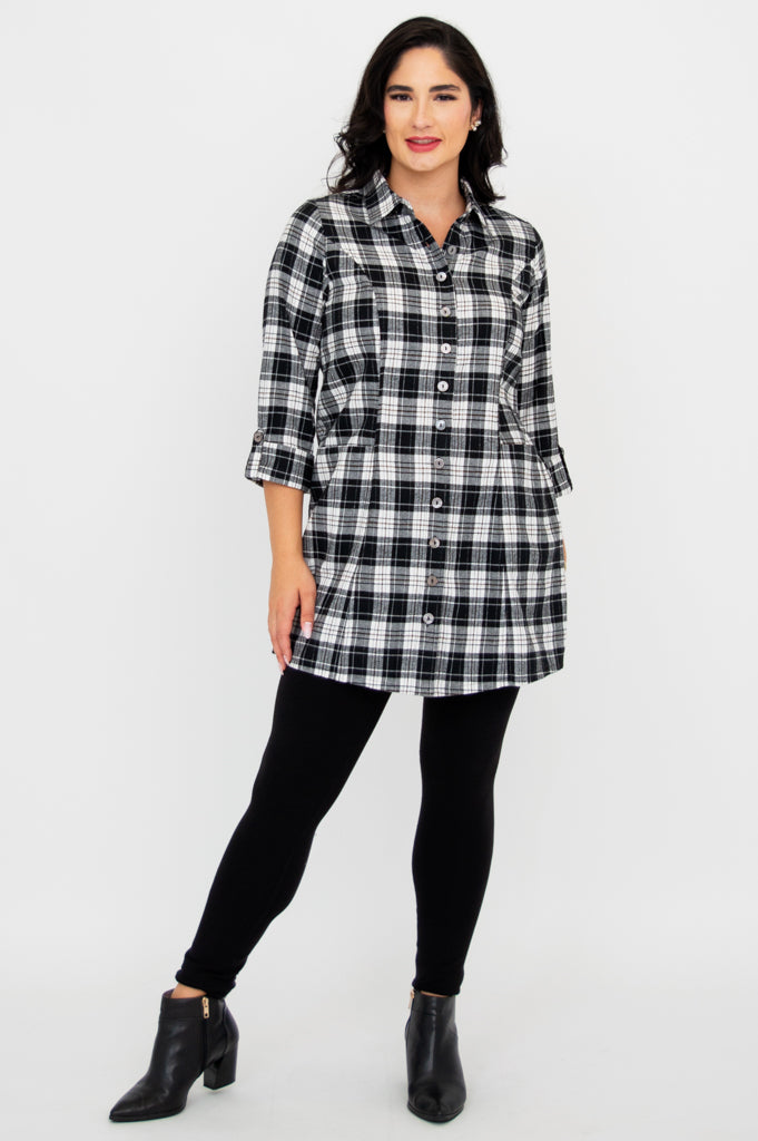 Larissa Tunic Top - Stylish Bobcat Plaid Cotton Blouse for Women | Perfect for Casual Outings, Office Wear & Fall Fashion