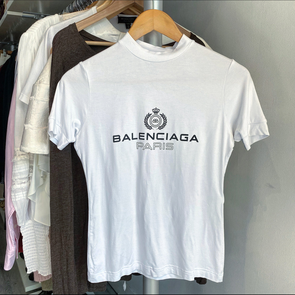 Balenciaga White Stretch Jersey Mock Neck Logo Top for Women | Trendy Designer T-Shirt | Perfect for Casual Outfits, Streetwear & Night Out