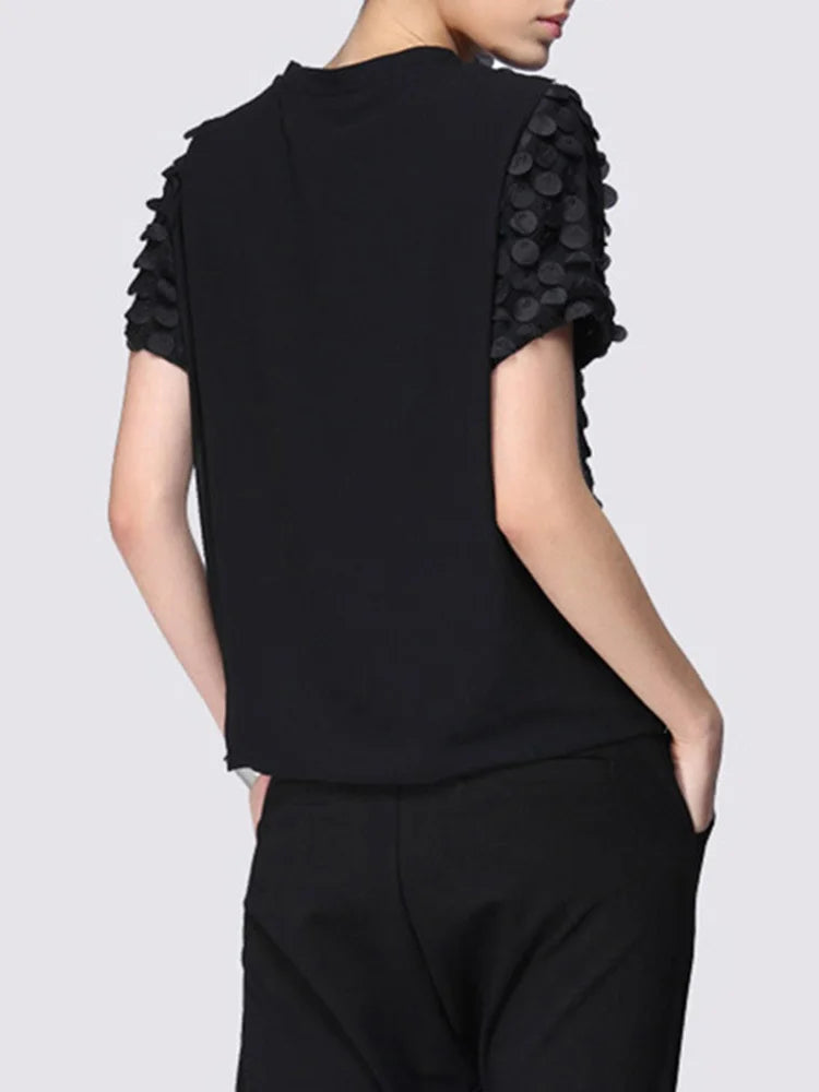 Black Patchwork Sequin T-Shirt for Women - Round Neck Short Sleeve Casual Loose Fit Top | Perfect for Parties, Night Out and Fashion Streetwear