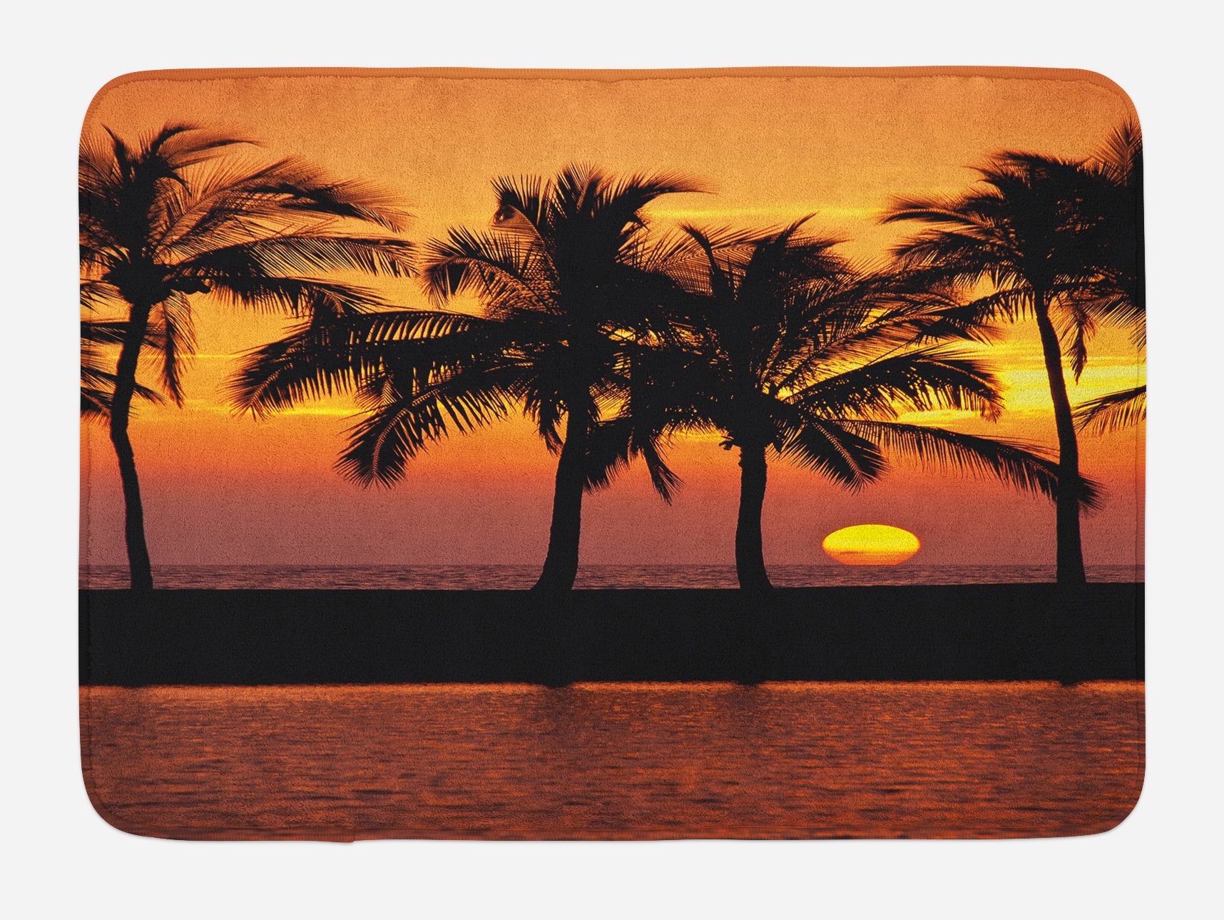 Lunarable Plush Non-Slip Bath Mat - Tropical Palm Tree Design with Caribbean Sunset Scenery, Soft & Absorbent Bathroom Rug, 30.2 x 20 Inches, Orange & Black - Perfect for Coastal-Themed Bathrooms & Beach House Decor