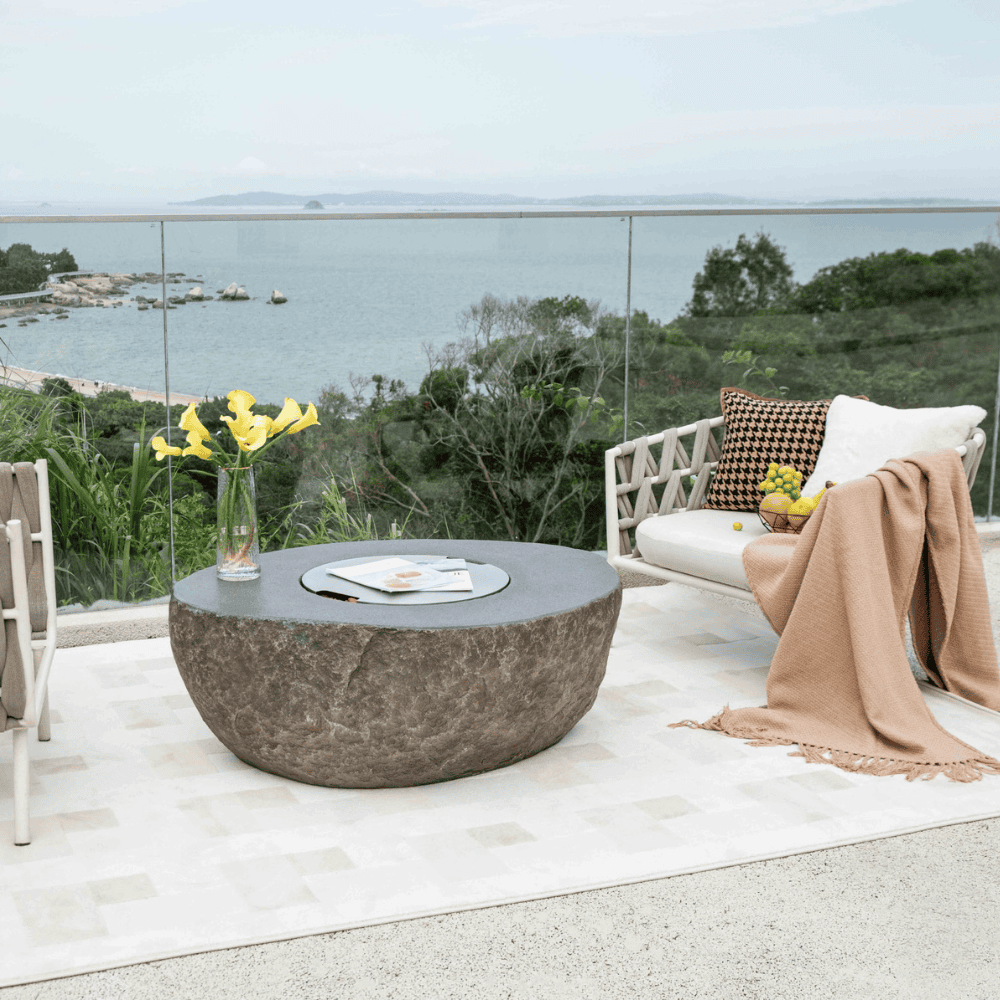 Boulder Concrete Oval Fire Table - Outdoor Patio Fire Pit for Backyard, Garden, and Poolside Gatherings