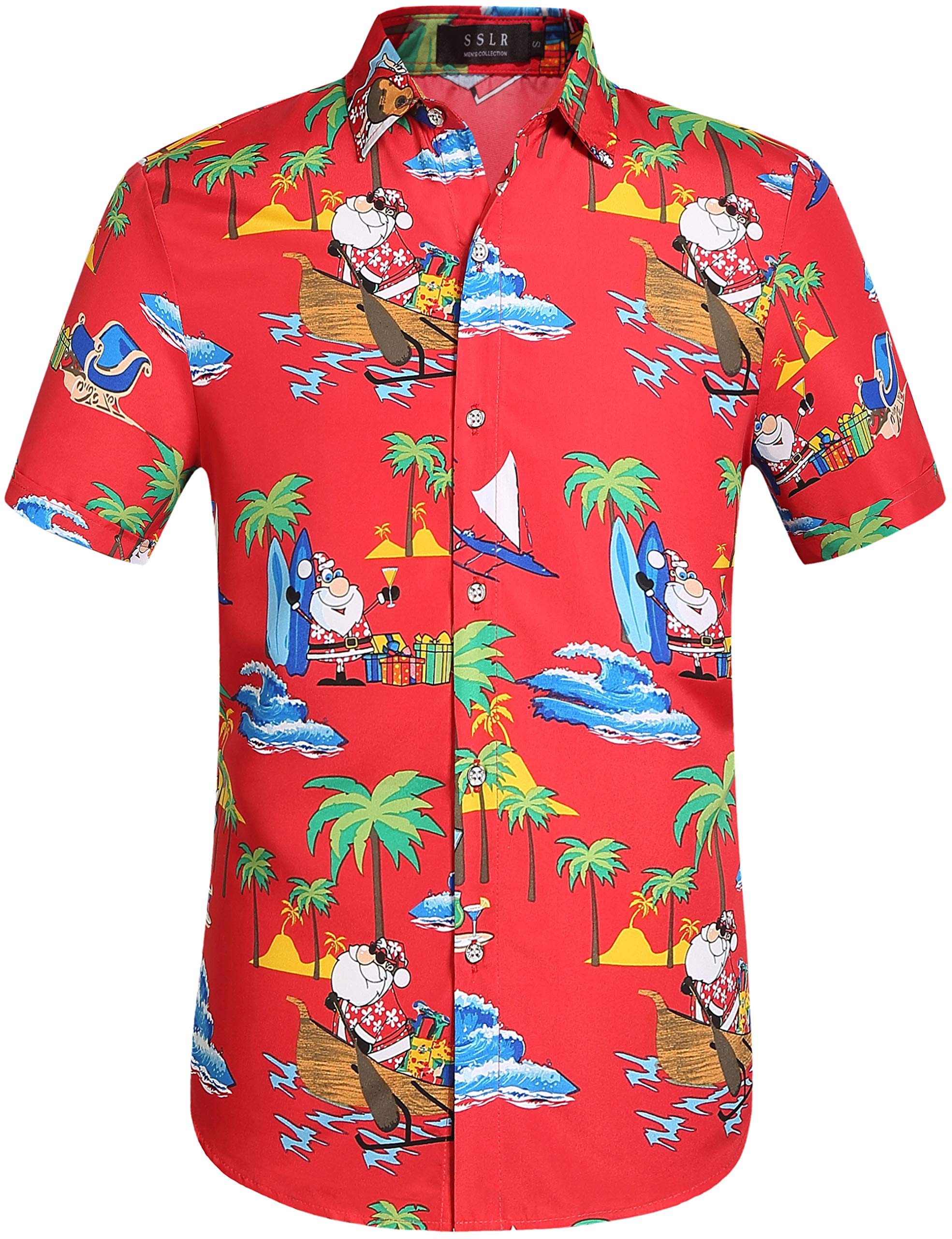 SSLR Men's Santa Claus Tropical Button-Up Shirt | Christmas Hawaiian Shirt for Men | Holiday Party, Beach Vacation & Festive Gift