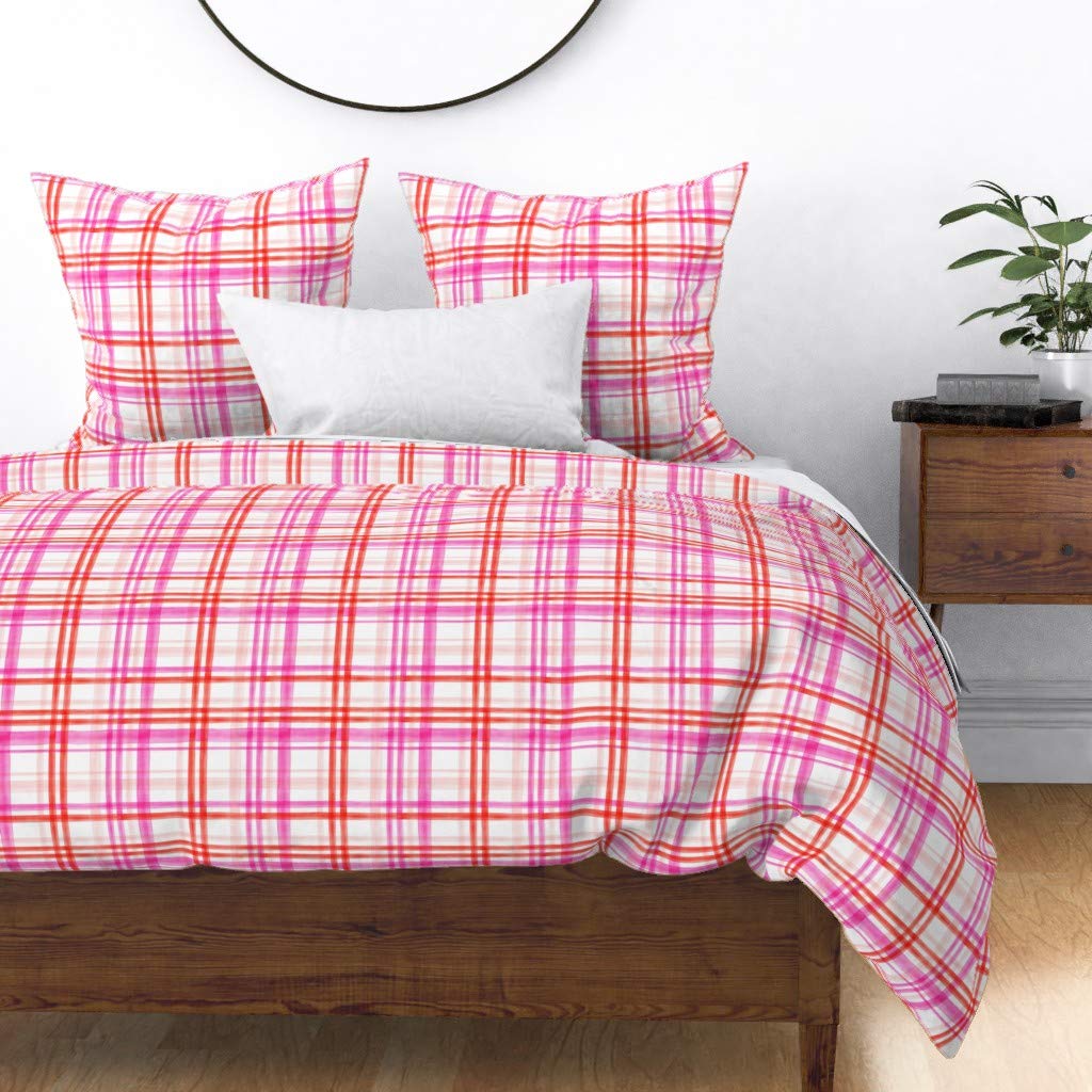 Valentine's Day Watercolor Plaid Duvet Cover - Twin Size Cotton Sateen Bedding Set in Pink & Red Check Stripe Feminine Print | Custom Girl's Room Decor | Perfect for Valentine's Gifts, Nursery, or Romantic Bedroom Makeover
