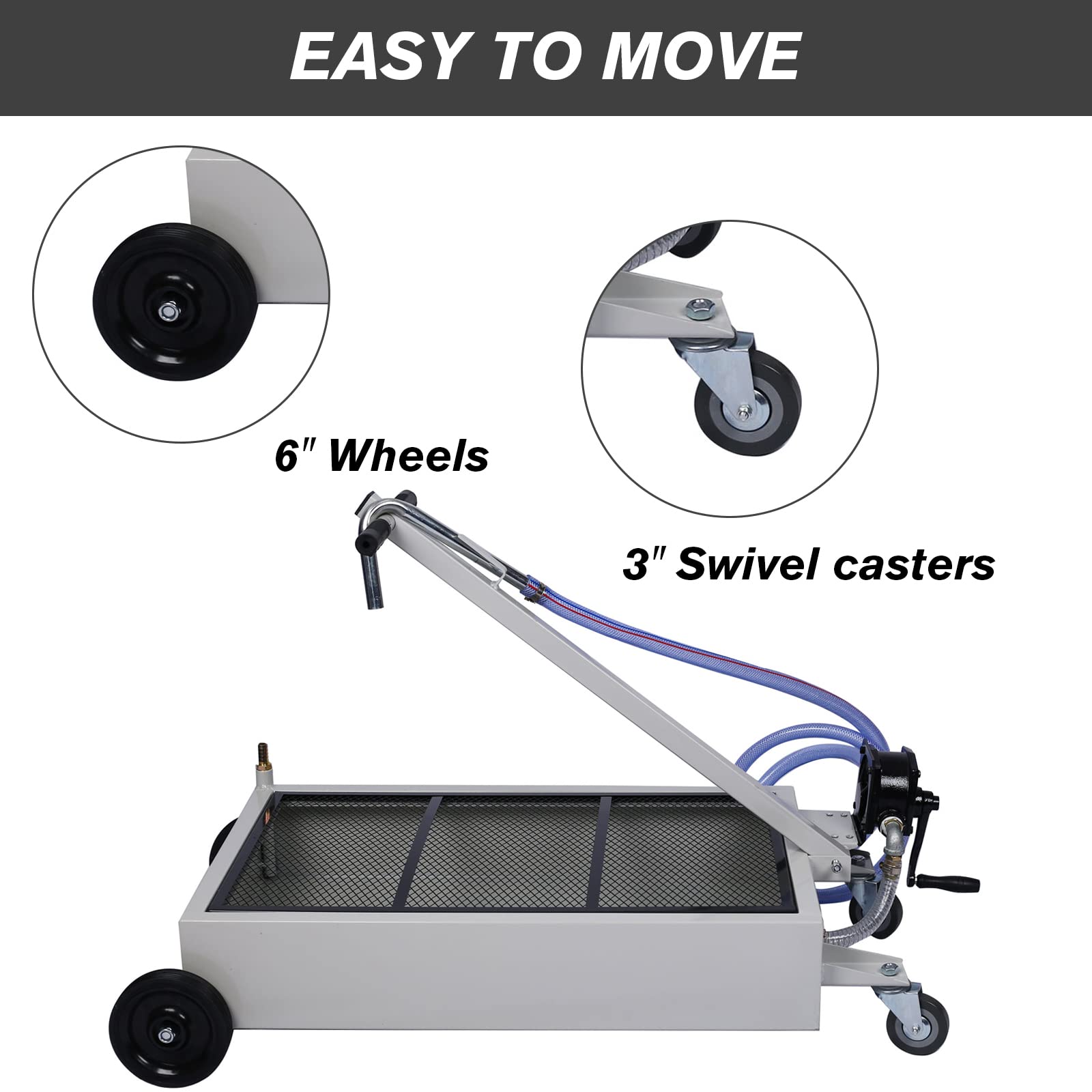 15 Gallon Oil Drain Pan with Hand Pump - Portable Low Profile Oil Change Tank for Cars, SUVs & Trucks - Large Capacity Drain Pan with Hose & Swivel Casters Wheels - Perfect for DIY Auto Maintenance & Garage Oil Changes