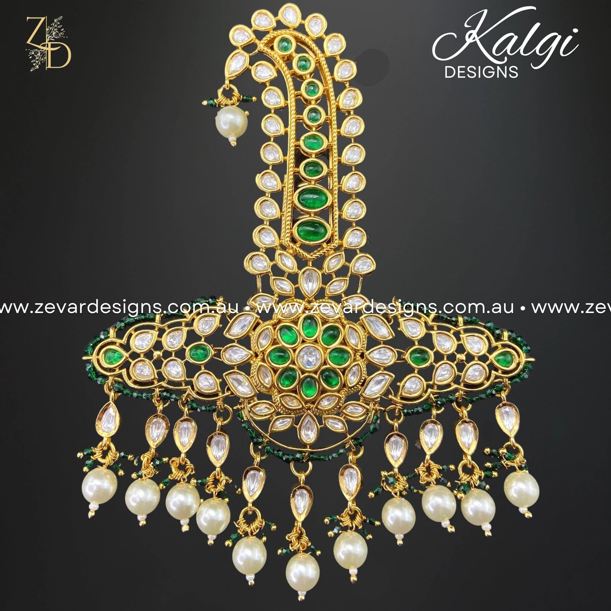 Exquisite Designer Kundan Kalgi Hair Accessory - Green | Indian Bridal Jewelry for Weddings & Special Occasions