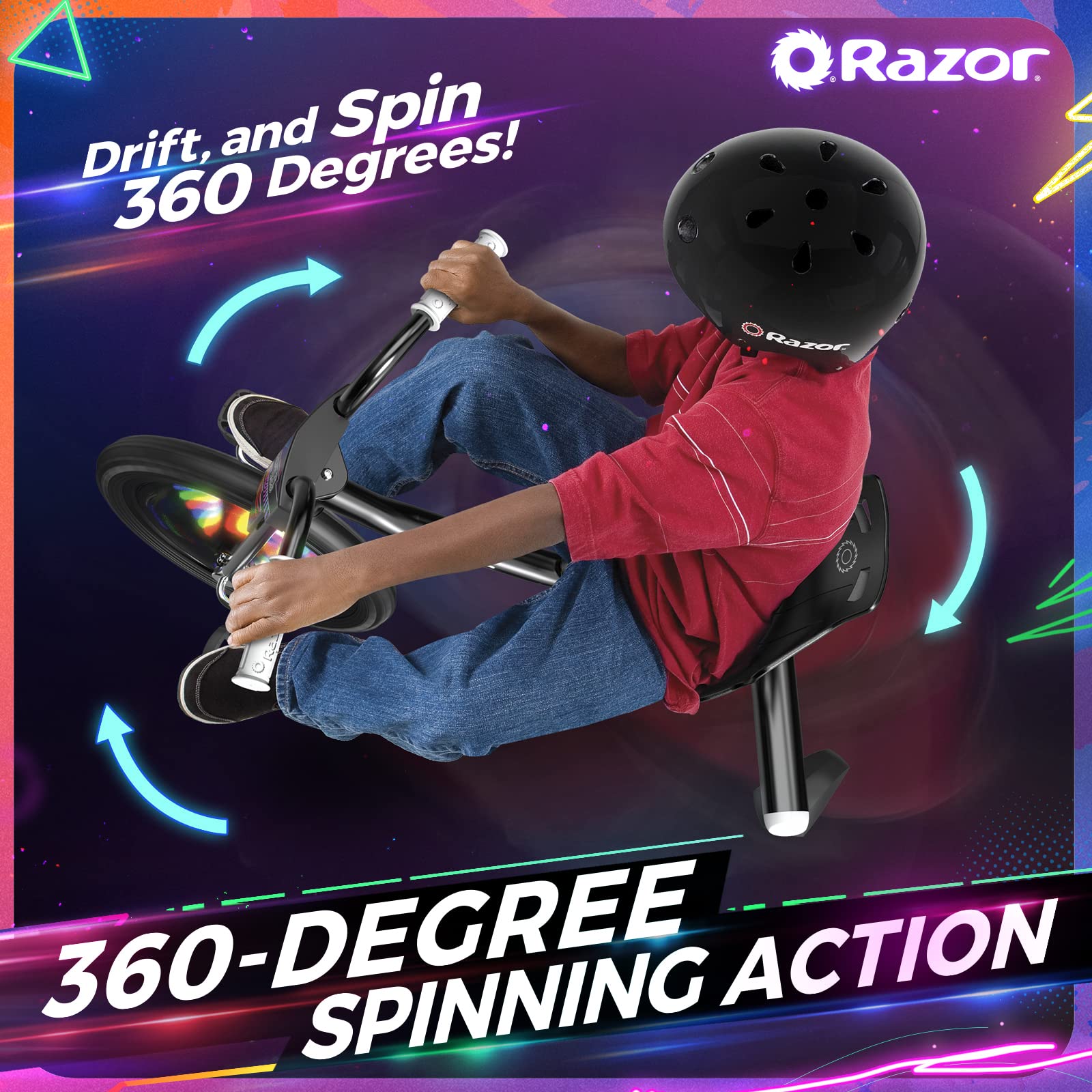 Razor RipRider 360 Lightshow Drifting Tricycle for Kids - Black - 3-Wheel Scooter with LED Light Show - Perfect for Outdoor Play, Backyard Fun & Neighborhood Rides