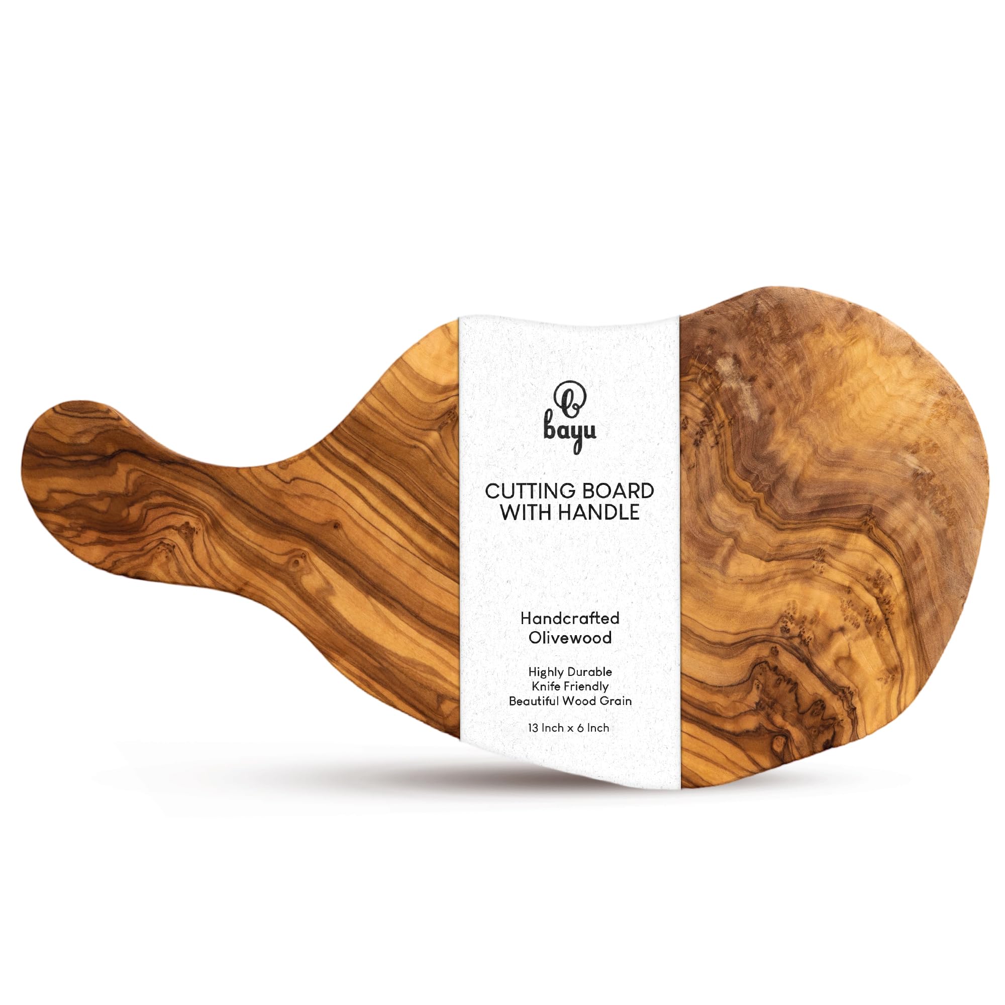 Handcrafted Olive Wood Cutting Board with Handle - 13x6x0.5 Inch Rustic Charcuterie Cheese Serving Board - Natural Wood Paddle Style for Kitchen, Entertaining & Gift Giving