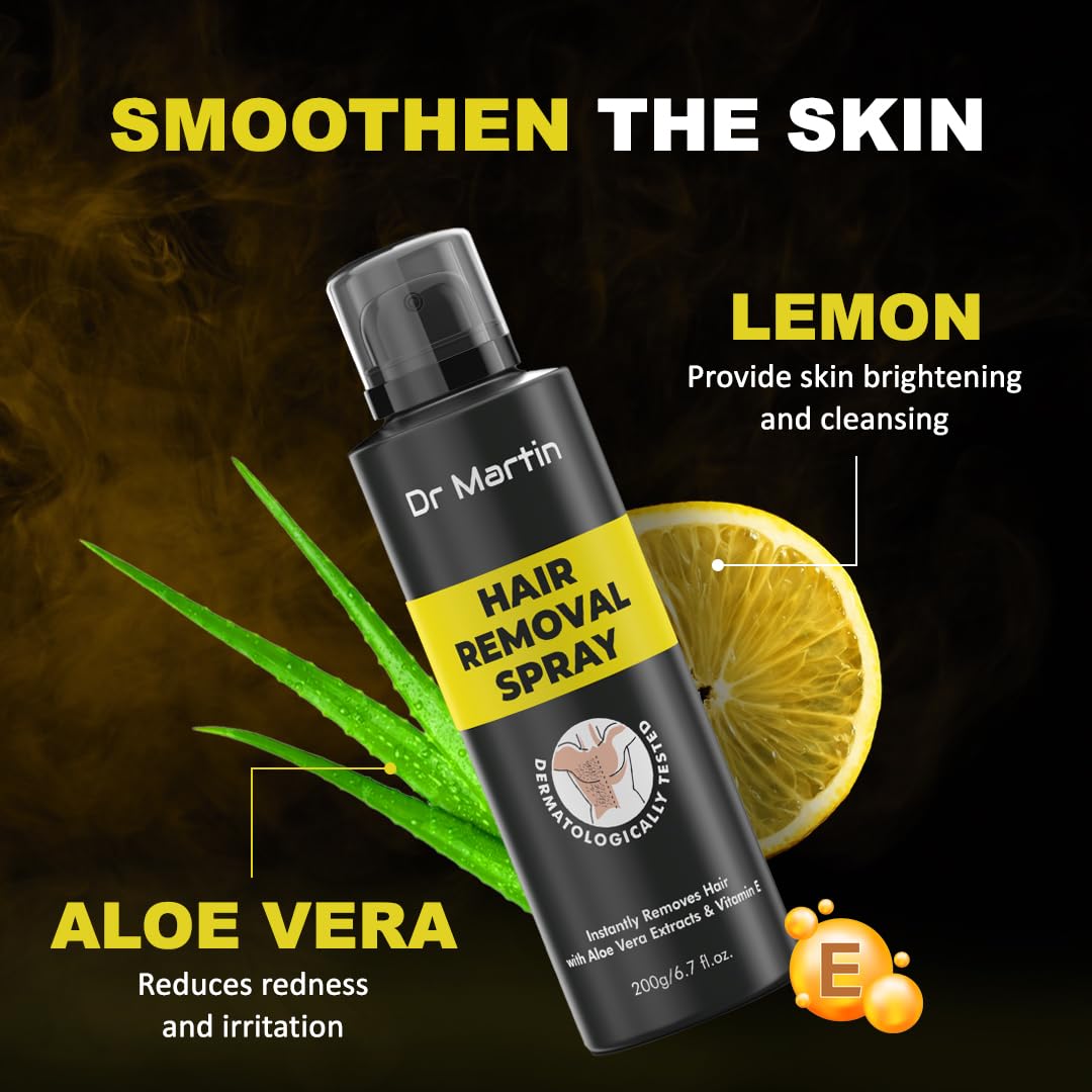 Dr. Martin Hair Remover Spray for Men & Women (200ml) - Painless Body Hair Removal Cream Spray for Back, Chest, Legs, Arms, Underarms & Bikini Area | Smooth Skin for Summer, Beach & Intimate Grooming
