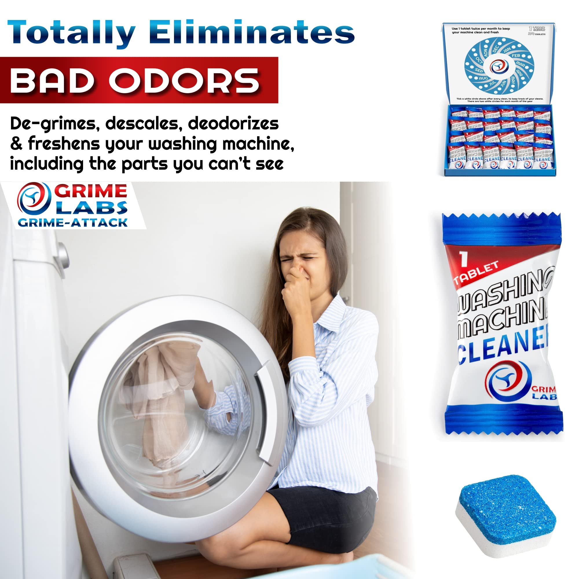 Washing Machine Cleaner Tablets - Deep Cleaning Tablets for Front Load & Top Load HE Washers - Active Formula Descaler & Deodorizer - Eliminates Odors & Residue for Fresh Laundry