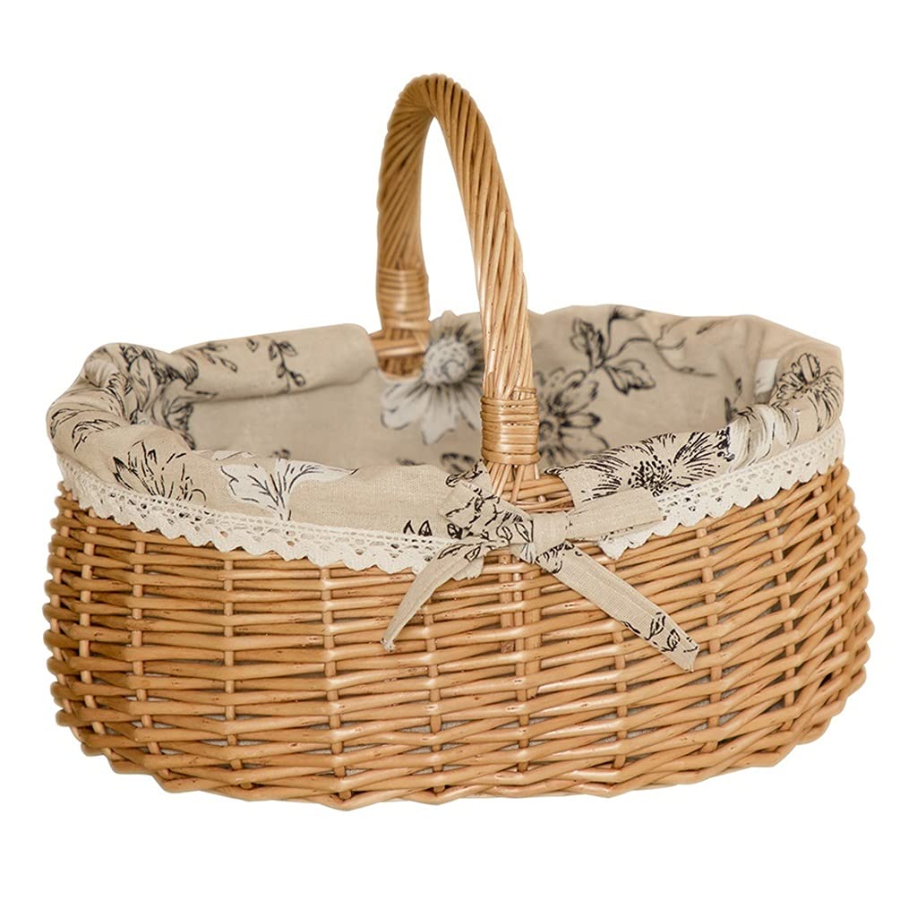 Premium Natural Wicker Picnic Basket for 2 - Linen Cotton Lined Easter Basket with Handle (35x30x30cm, Wood Color) | Perfect for Outdoor Picnics, Beach Trips & Spring Gatherings