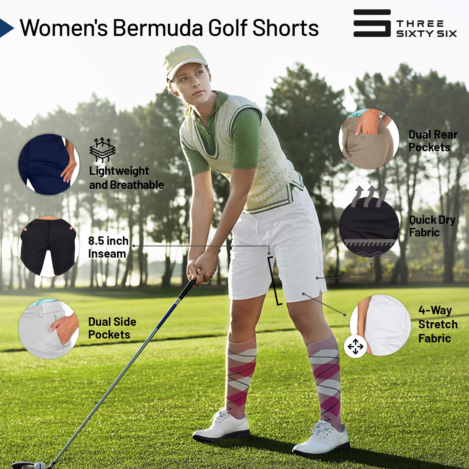 Three Sixty Six Women's Bermuda Golf Shorts - 8.5 Inch Inseam Quick-Dry Athletic Shorts with Pockets, Breathable & Comfortable for Golf, Tennis & Outdoor Activities