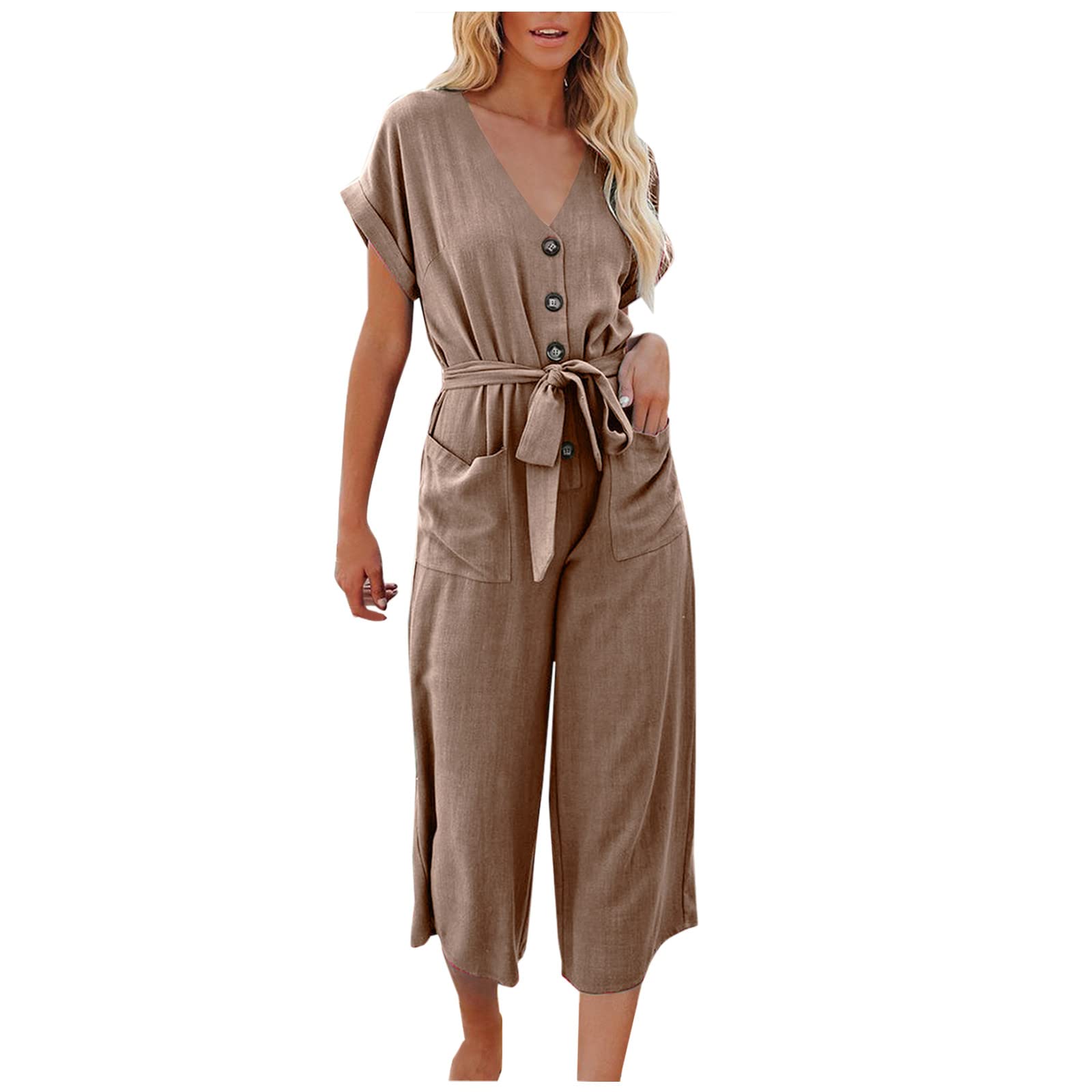Yoeyez Women's Summer Casual Loose Jumpsuit - Solid Color Lace-Up Pocket Baggy Cropped Wide Leg Romper | Comfortable Outfit for Beach Vacation, Streetwear & Daily Wear