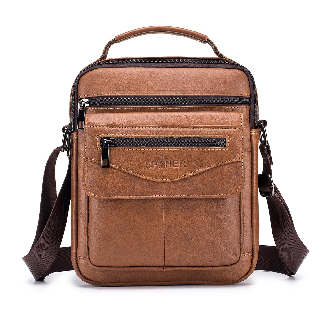 SPAHER Men's Genuine Leather Messenger Bag - Waterproof Crossbody Shoulder Bag for Business & Travel - Adjustable Strap Fits iPad 11 Inch - Brown Satchel for Work, Commuting & Daily Use