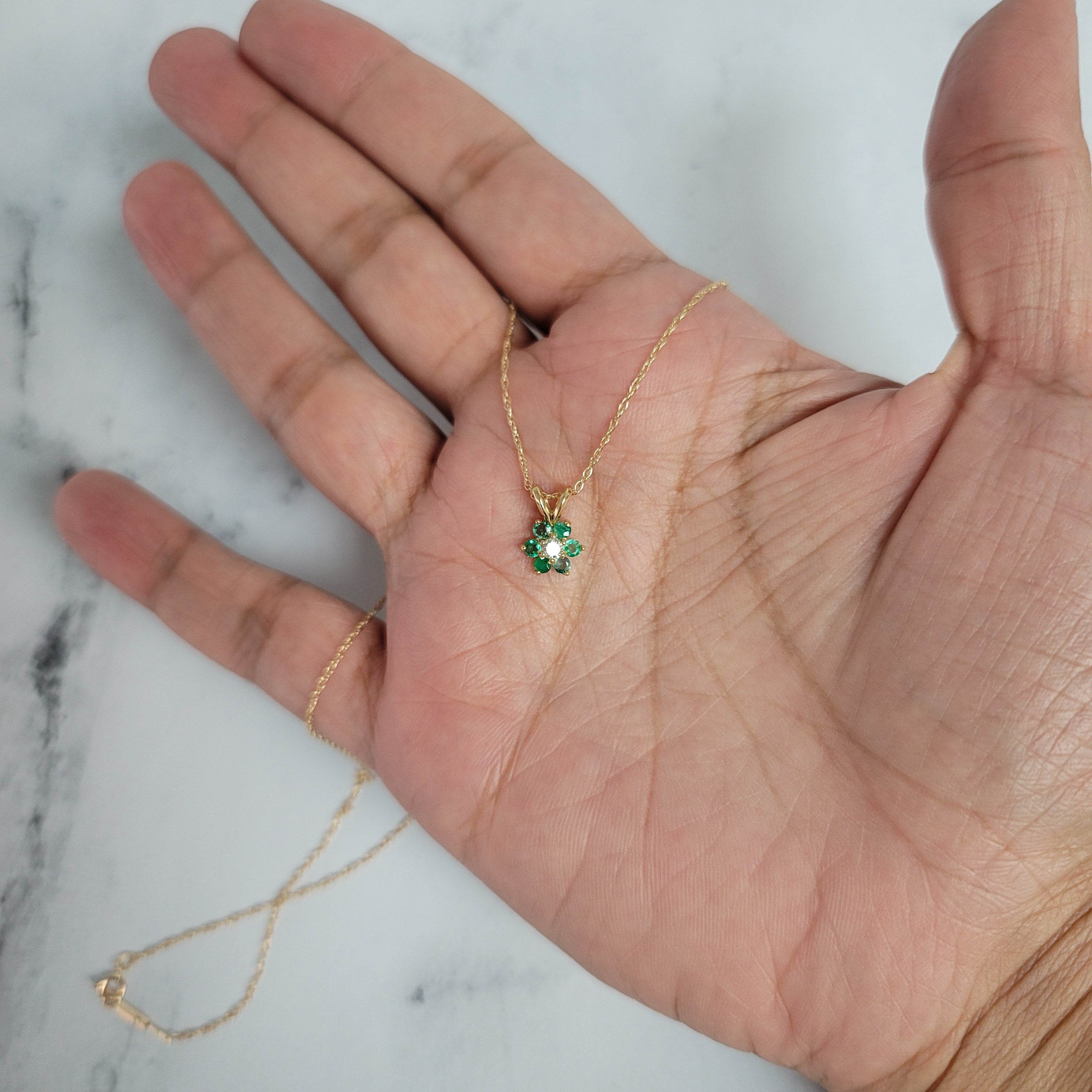 14K Yellow Gold Flower Shaped Emerald Cluster Necklace .40cttw - Elegant Jewelry for Weddings, Anniversaries & Special Occasions
