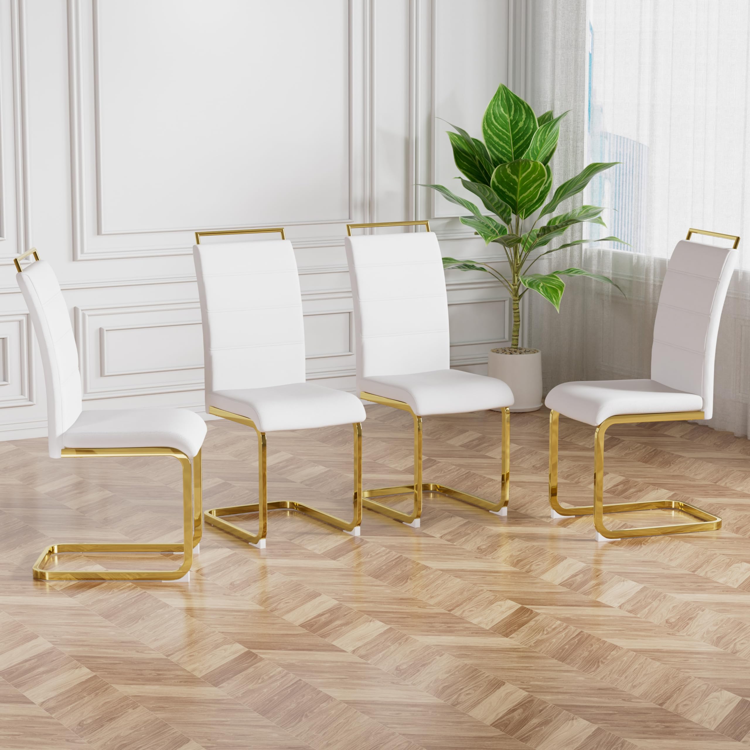Modern Dining Chairs Set of 4 - PU Faux Leather High Back Upholstered Side Chairs with Horizontal Stripe Backrest - White with Gold Legs - Perfect for Kitchen, Dining Room & Living Room