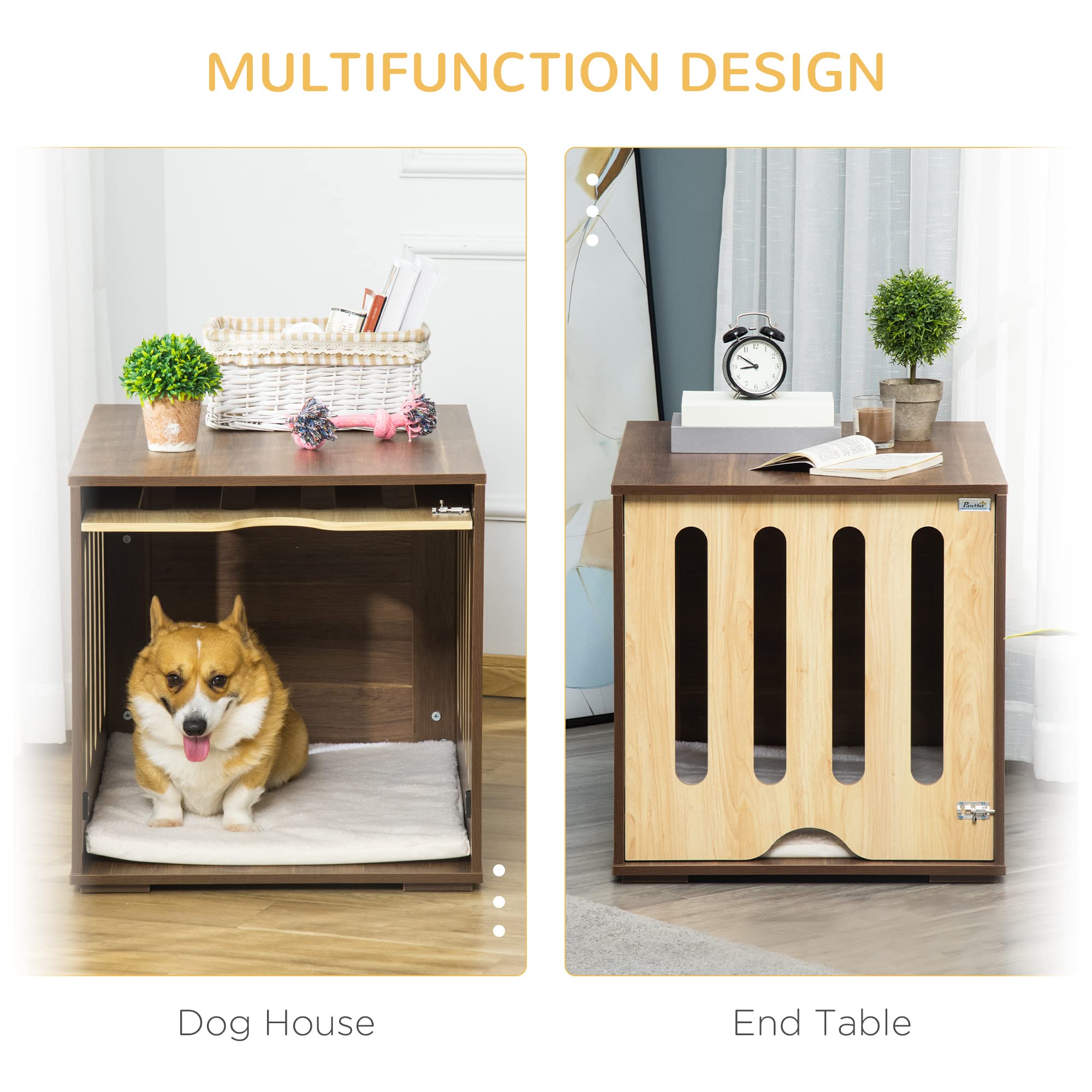 PawHut Stylish Wooden Dog Crate End Table with Removable Door & Foam Cushion - Safety Lock Pet Kennel for Small Medium Dogs - Indoor Furniture for Living Room Bedroom - Brown    (Note: This optimized version improves SEO by including key search terms naturally, removes redundant information, organizes features clearly, and adds usage scenarios at the end)